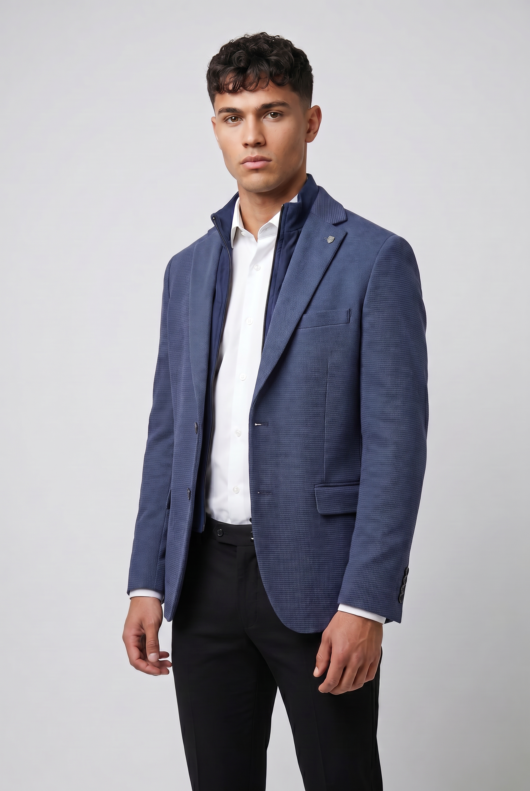 Men’s Cotton Blend Textured Blazer with Zip-Front Bib - Navy