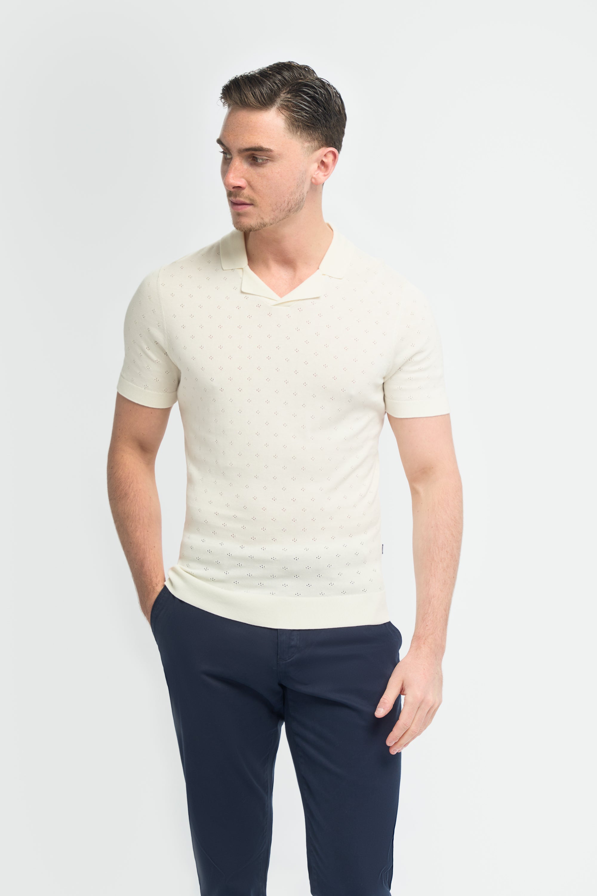 Men’s Cotton Knit Polo T-Shirt with Johnny Collar - Alfan - Ecru Model Picture