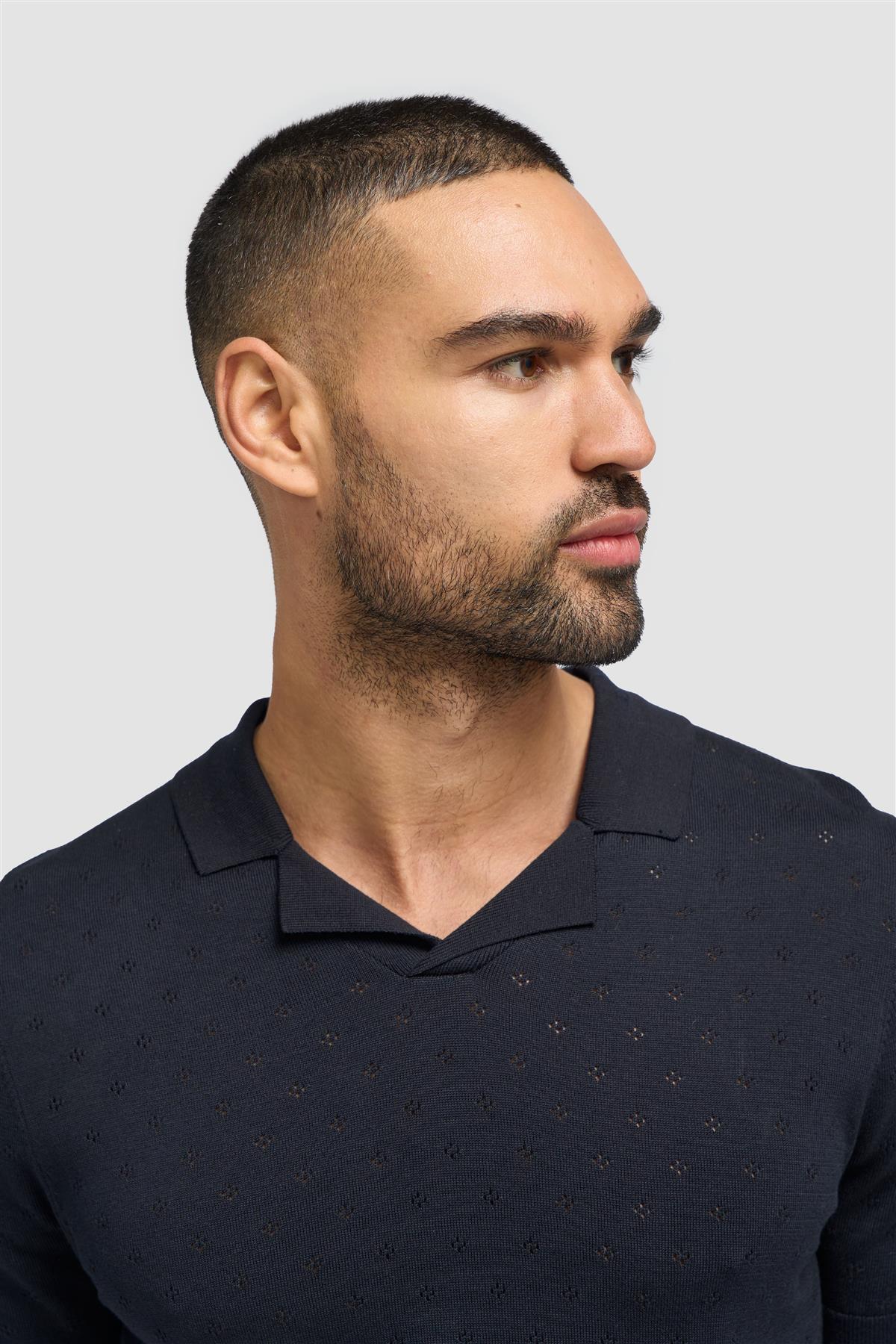 Men’s Cotton Knit Polo T-Shirt with Johnny Collar - Alfan - Navy