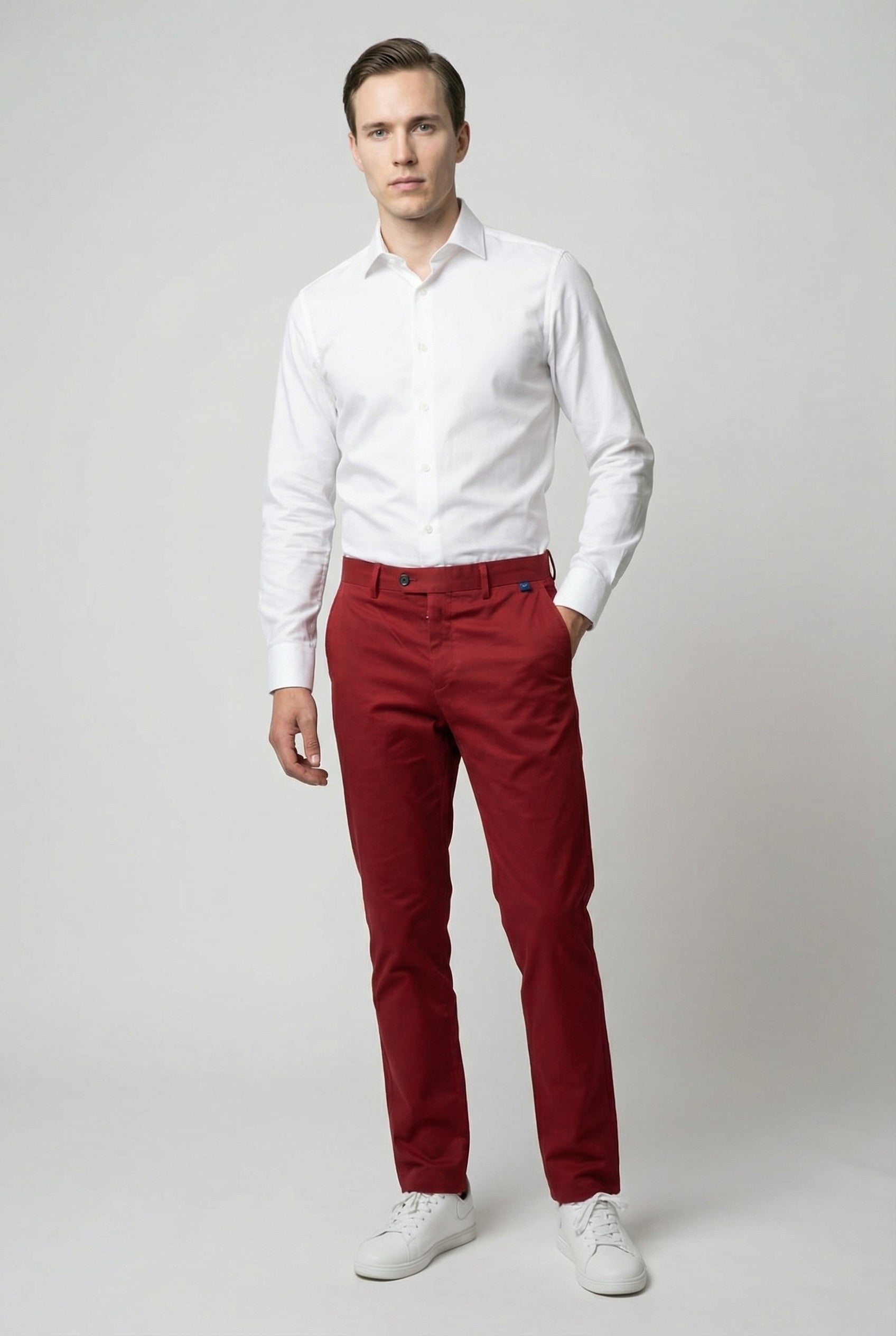 Men’s Cotton Regular Fit Chino Trousers - Zack - Burgundy Model Picture