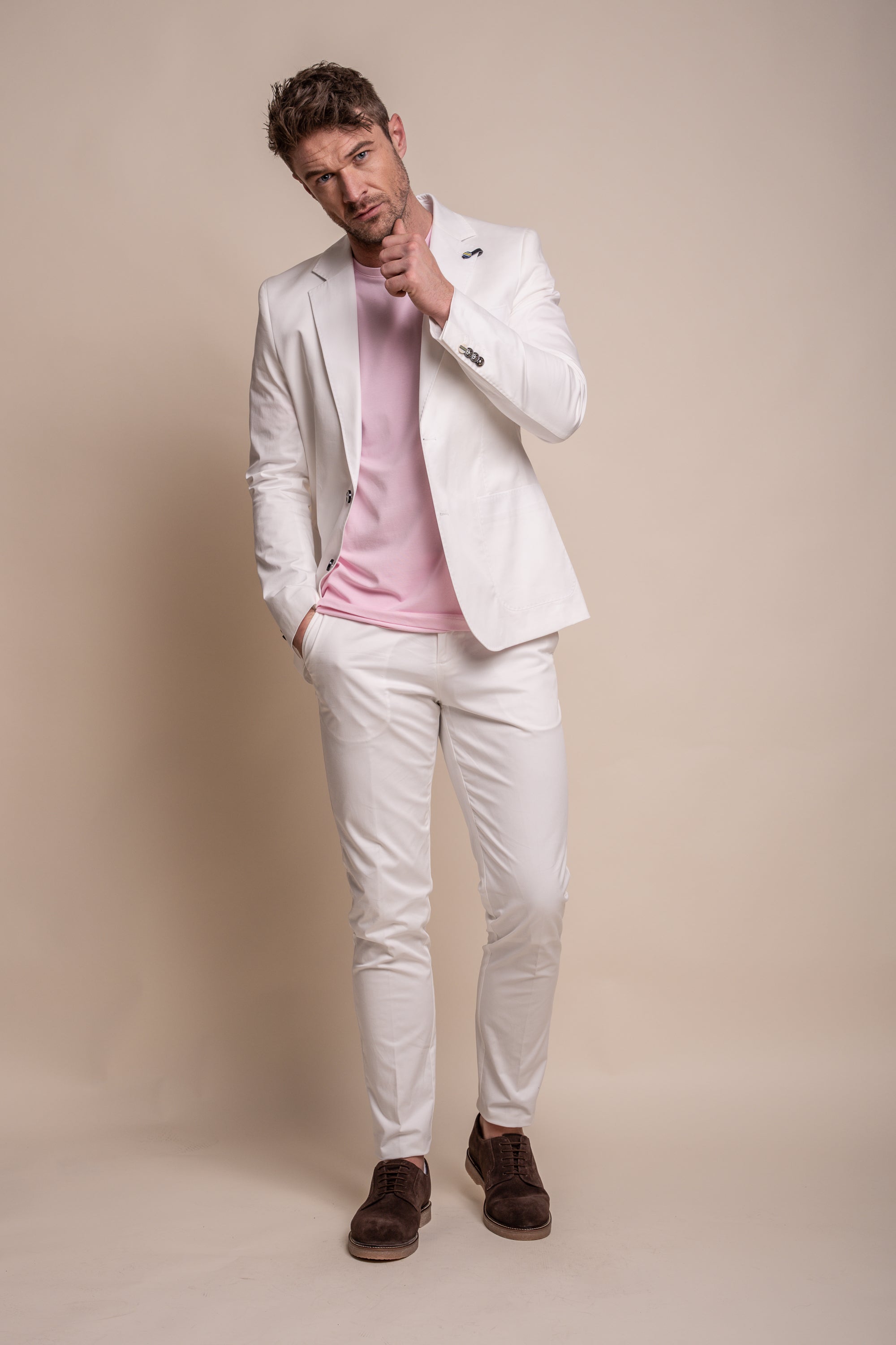 Men's Cotton Slim Fit Formal Trousers - MARIO - Ecru