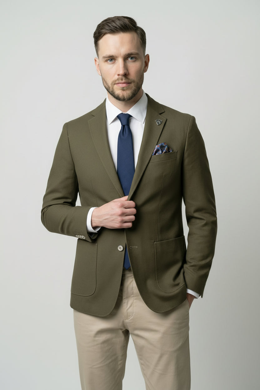 Men’s Cotton Twill Blazer with Patch Pockets - Theo - Green Model Front Picture