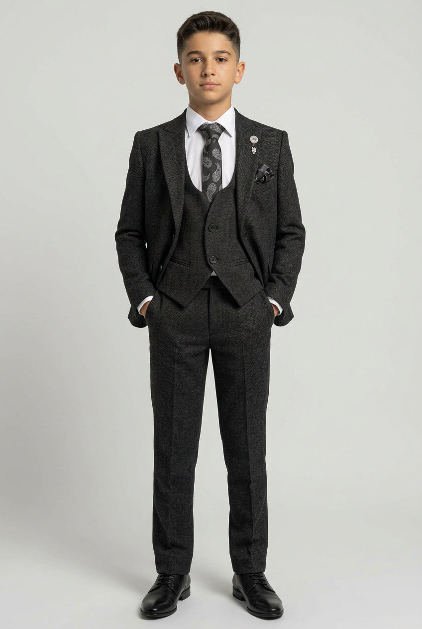 Boys Dark Charcoal Textured 3 Piece Suit