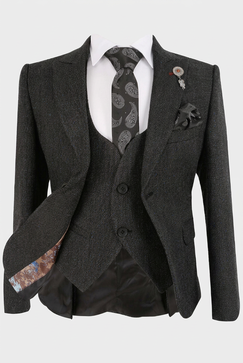 Boys Dark Charcoal Textured 3 Piece Suit