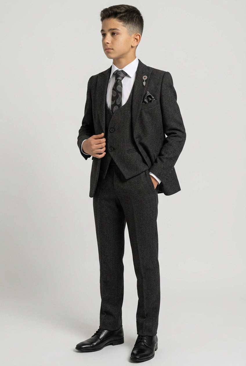 Boys Dark Charcoal Textured 3 Piece Suit