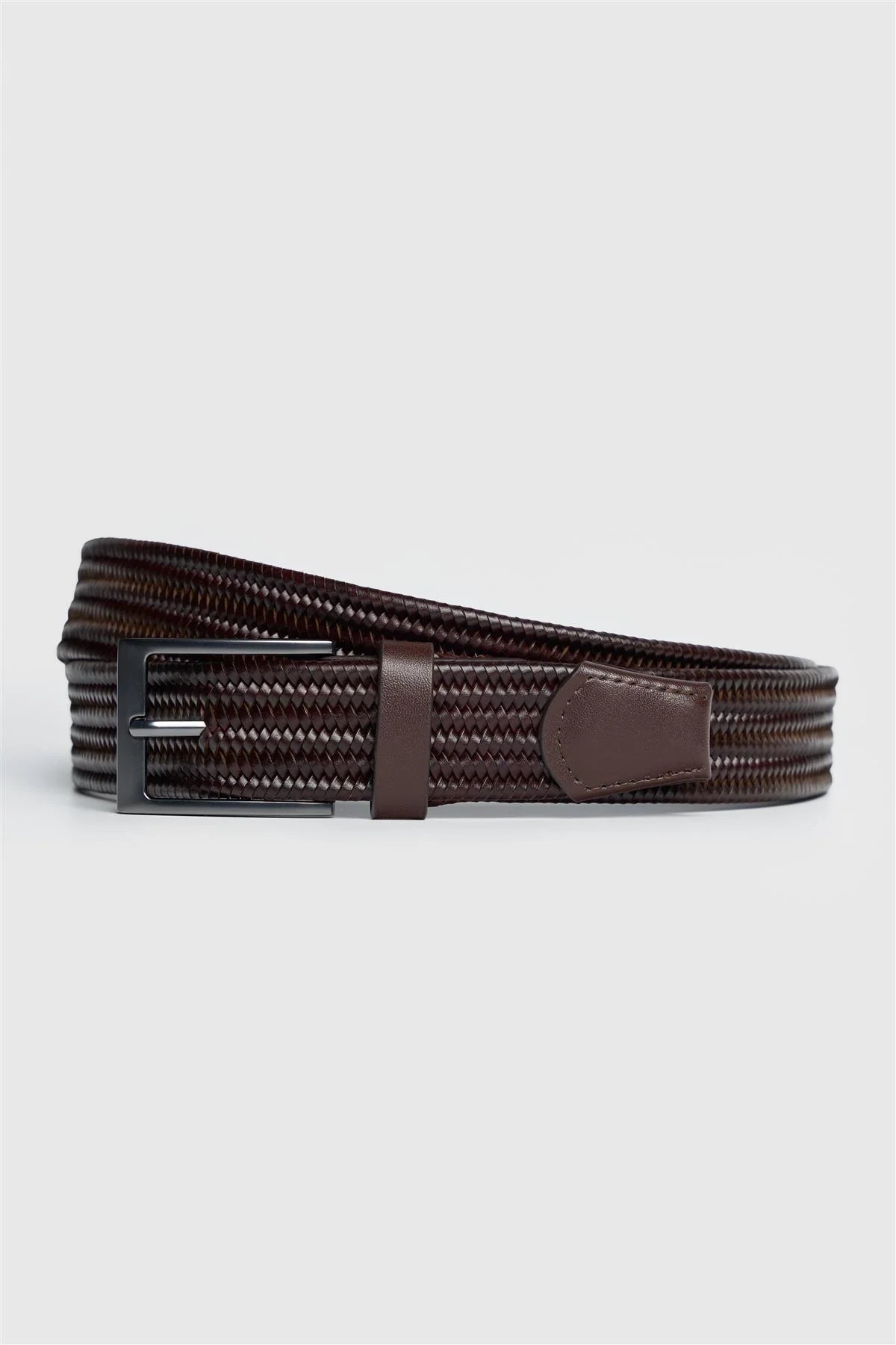 Men’s Genuine Braided Woven Belt with Matte Black Buckle - Cavani Brown