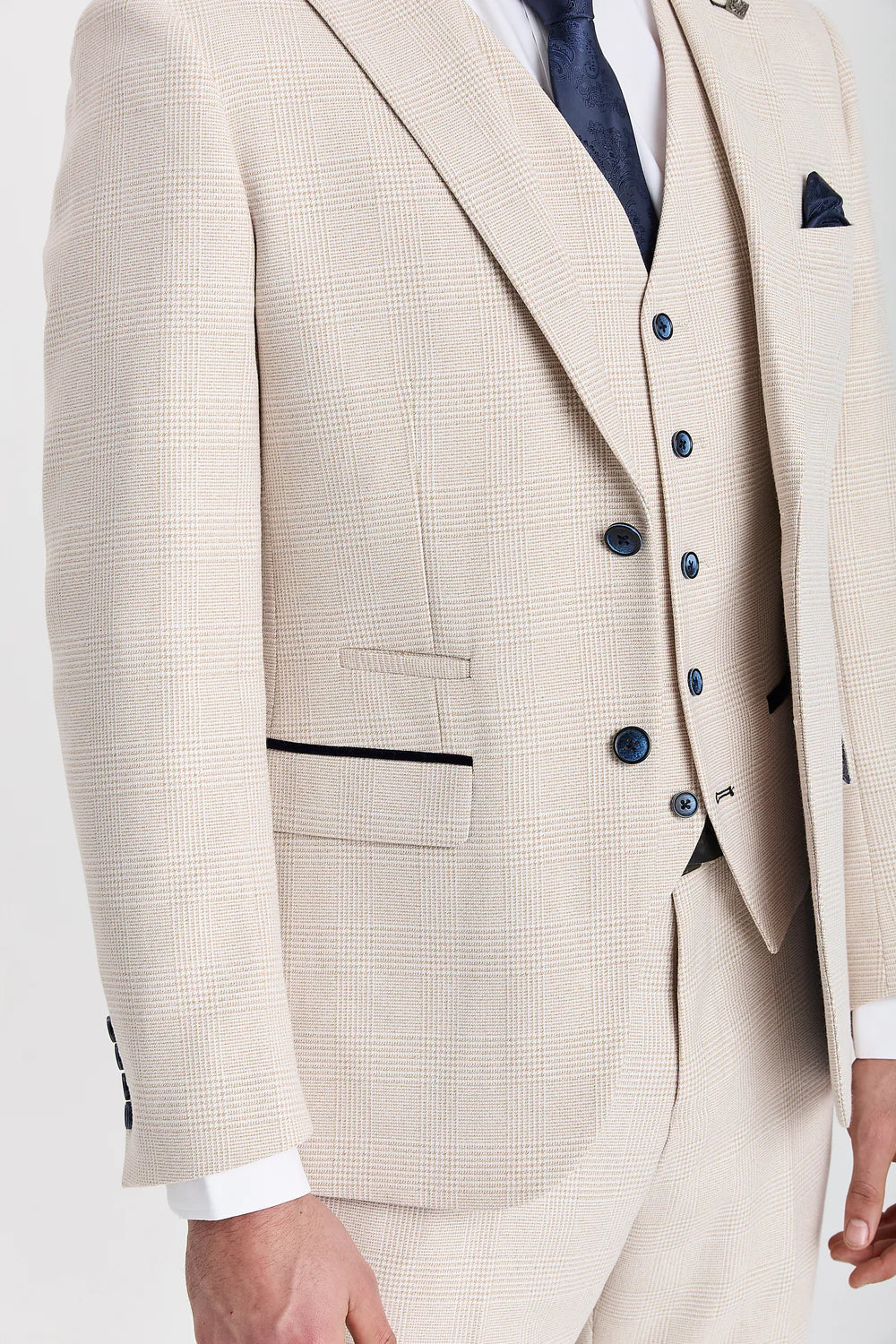 Men’s 3-Piece Glen Check Tweed Like Suit - Regent - Cream Detail Picture