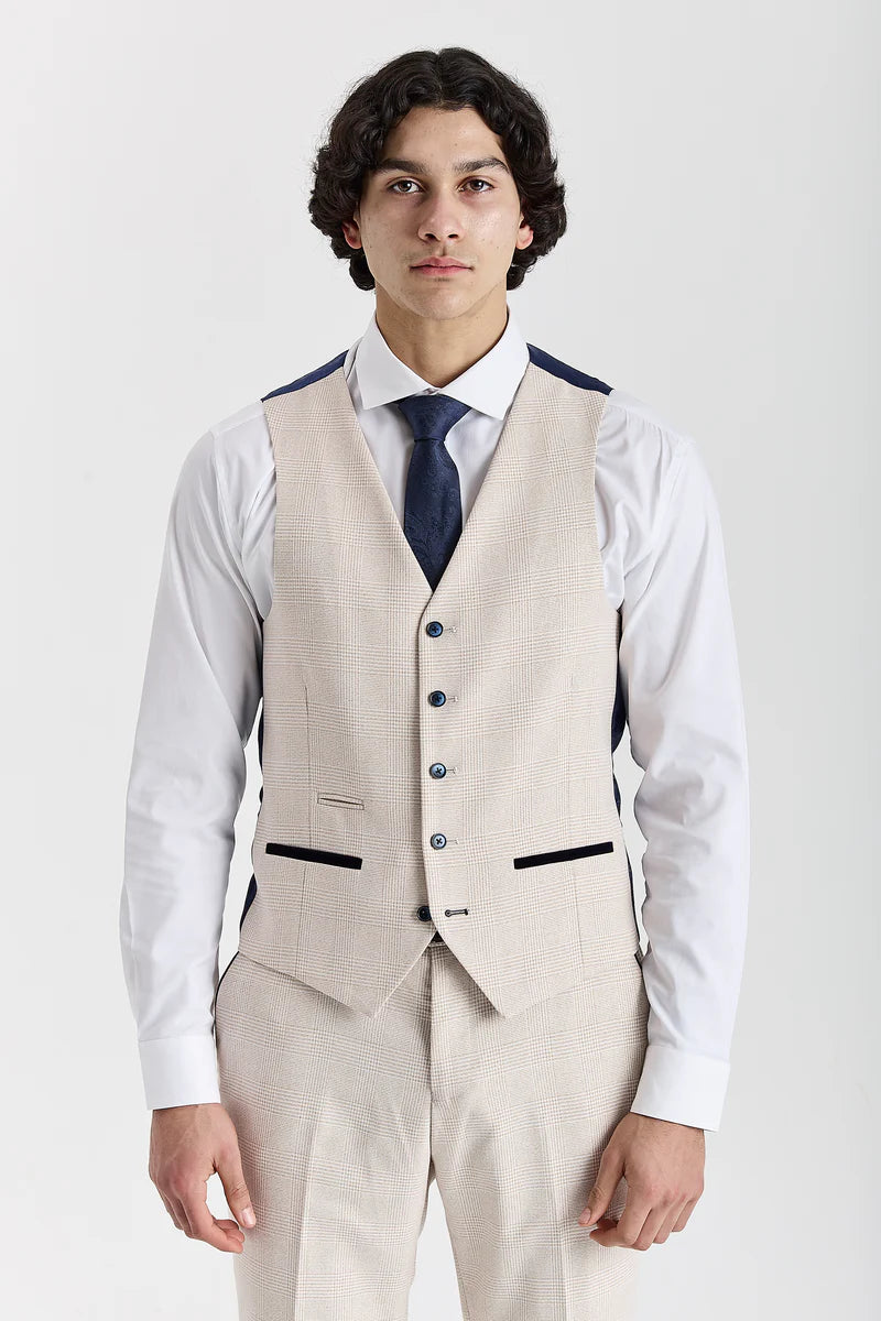 Men’s Glen Check Tweed Like Waistcoat - Regent - Cream Front Picture