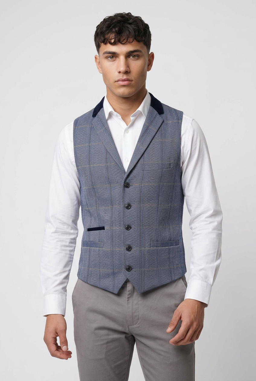 Men’s Herringbone Check Waistcoat - Style Connal Blue