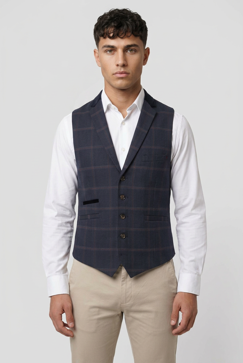 Men’s Herringbone Check Waistcoat - Style Connal Navy