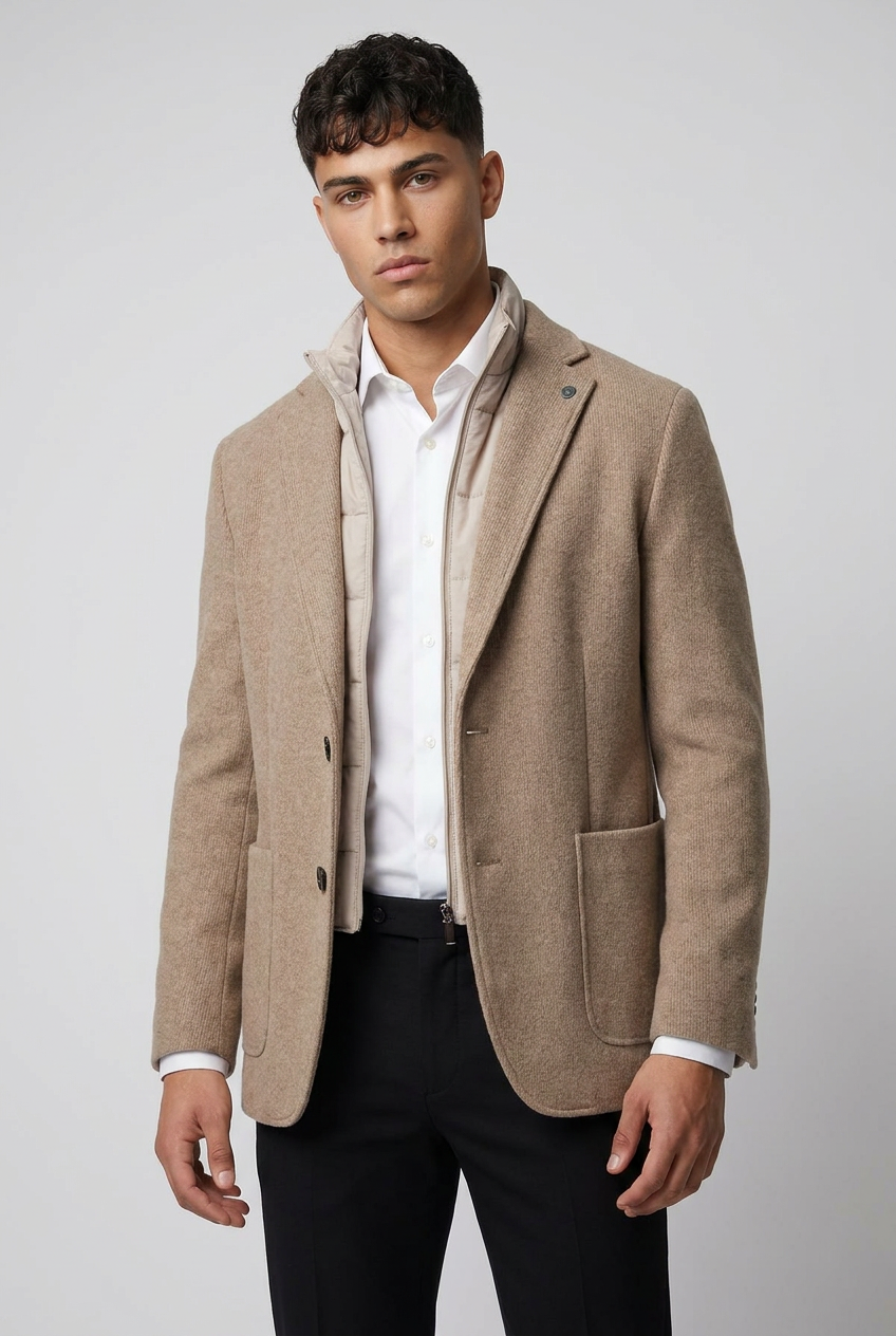 Men’s Hybrid Knit Blazer with Quilted Bib - Khaki Beige