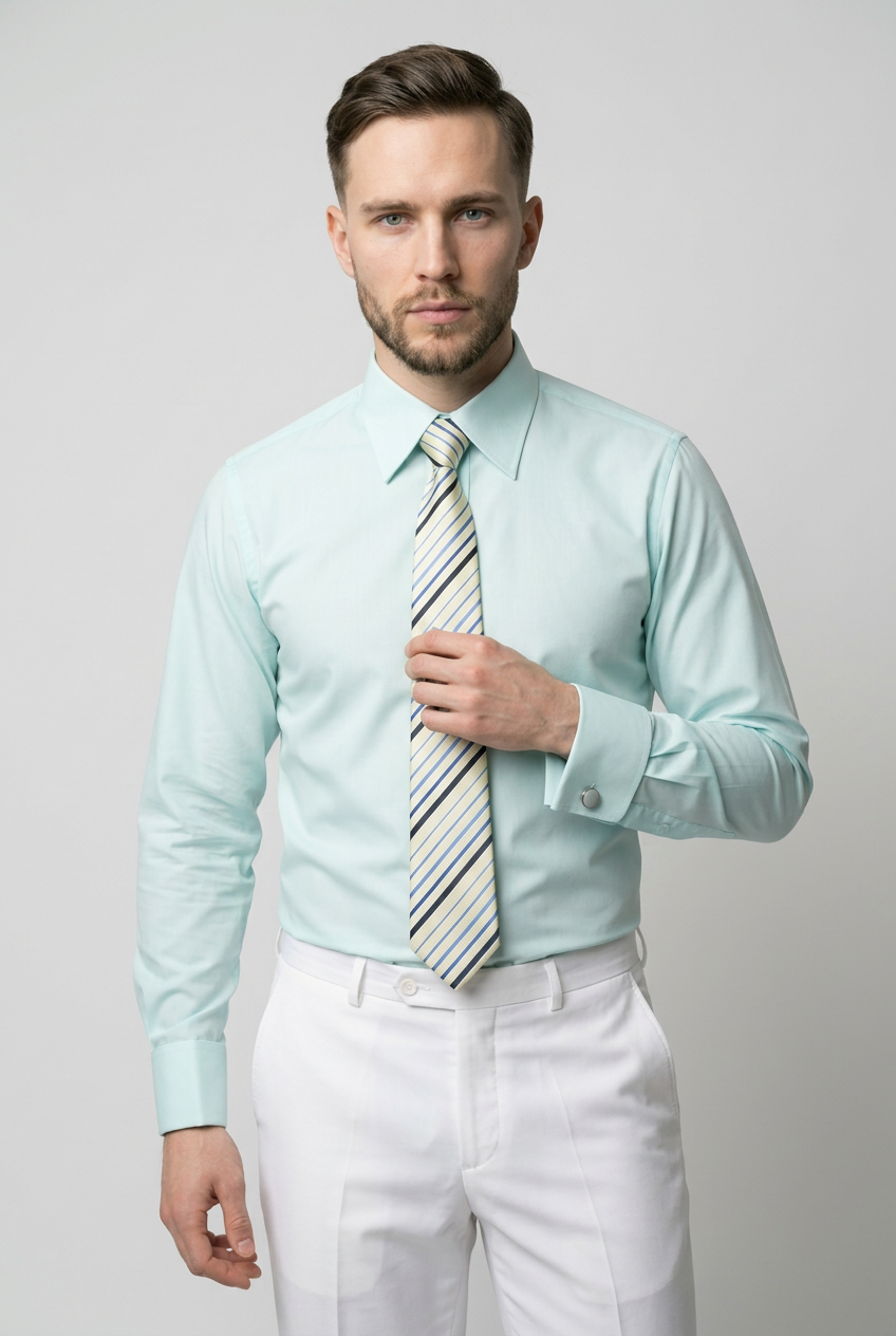 Men’s Light Mint Formal Shirt Set with Striped Tie and Cufflinks
