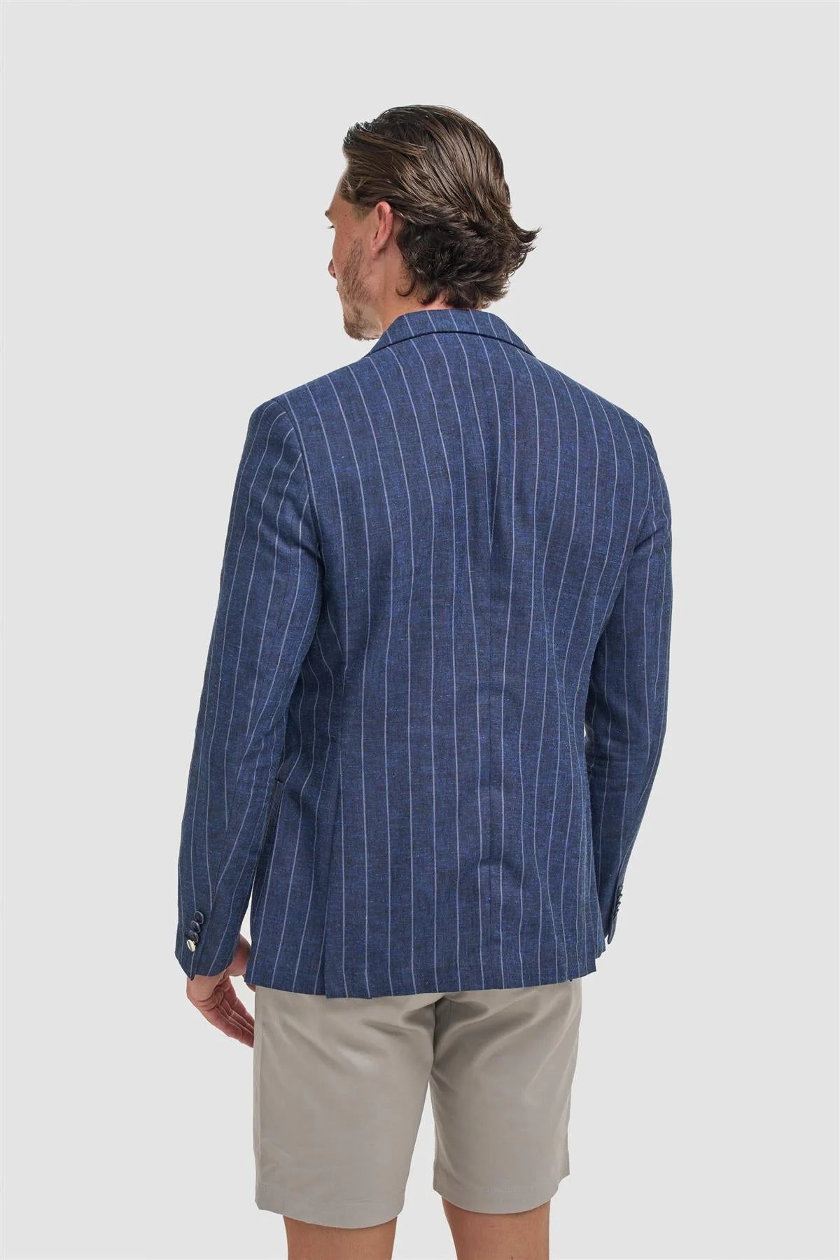 Men’s Linen Pinstripe Blazer with Patch Pockets - Piero - Navy Blue