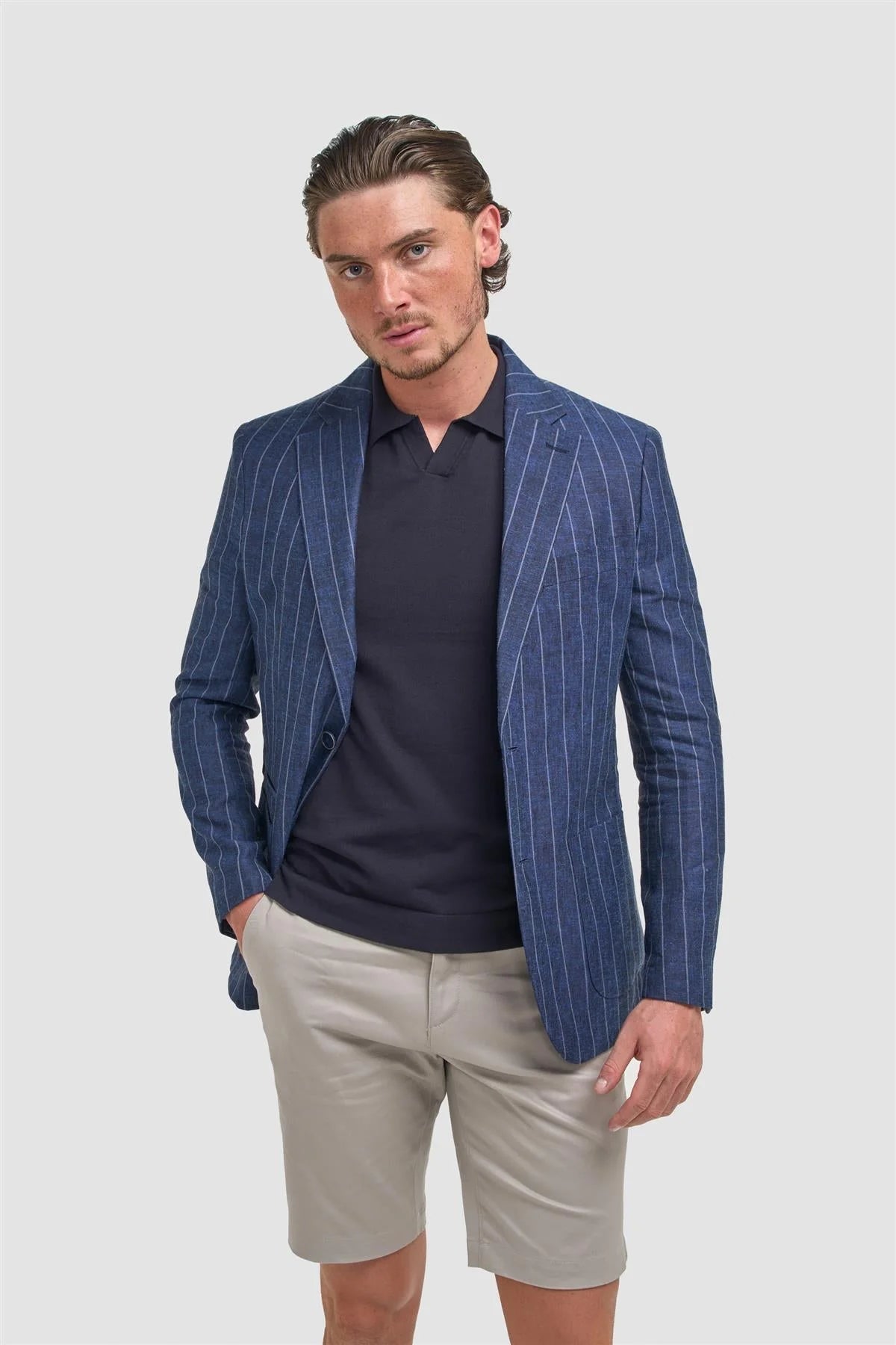 Men’s Linen Pinstripe Blazer with Patch Pockets - Piero - Navy Blue