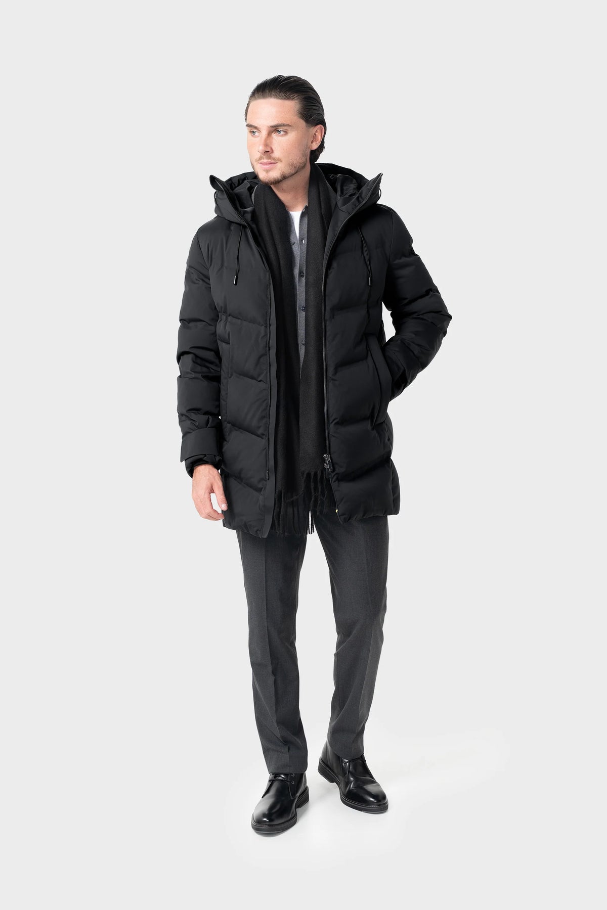 Men’s Long Hooded Puffer Winter Coat – Cavani Delray Black Model Front Picture