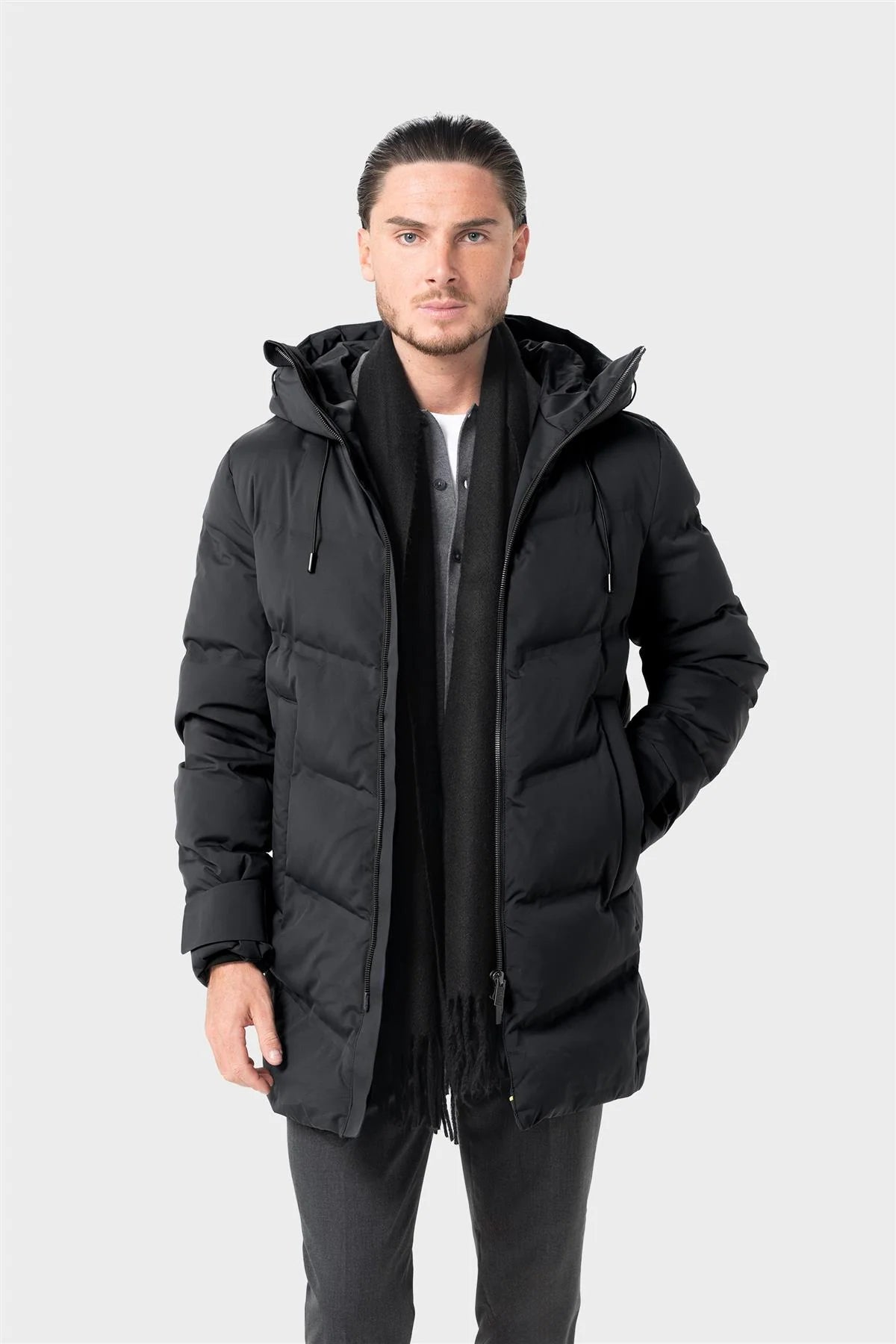 Men’s Long Hooded Puffer Winter Coat – Cavani Delray Black Model Picture