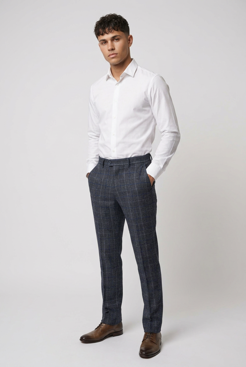 Men’s Navy Check Tweed Slim Fit Trousers