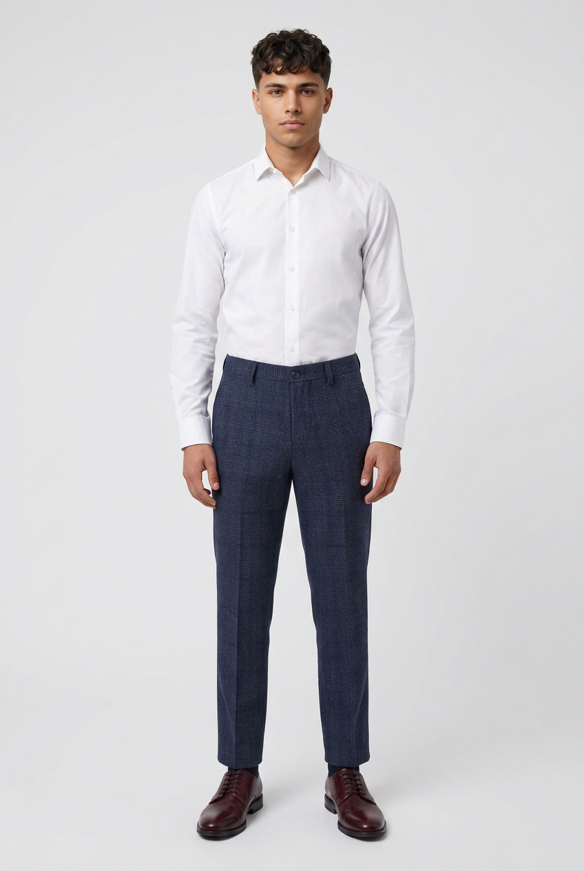 Men’s Navy Glen Check Tailored Formal Trousers
