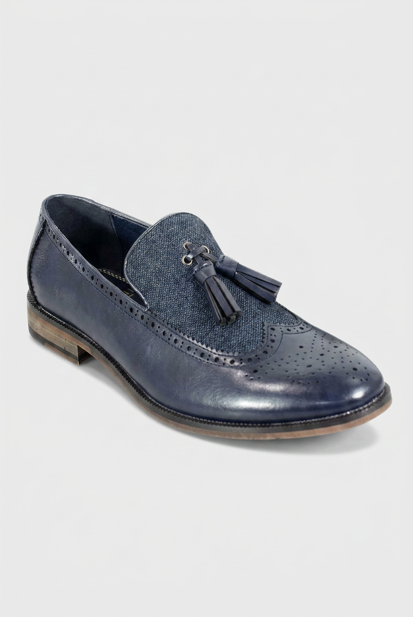 Men’s Navy Leather and Wool Tweed Tassel Loafers
