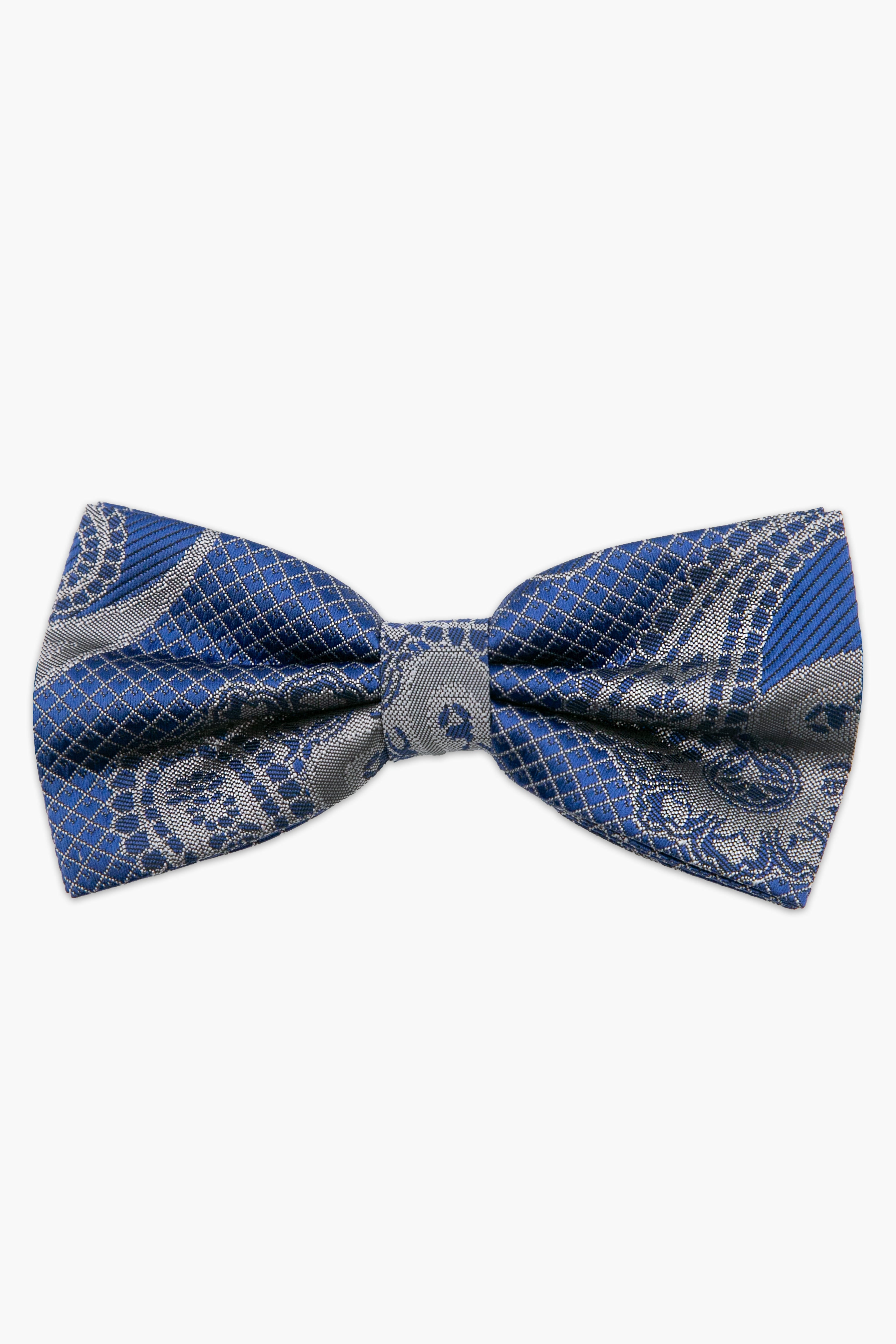 Men's Paisley Pre-Tied Dickie Bow Tie - Blue and Silver Front Picture