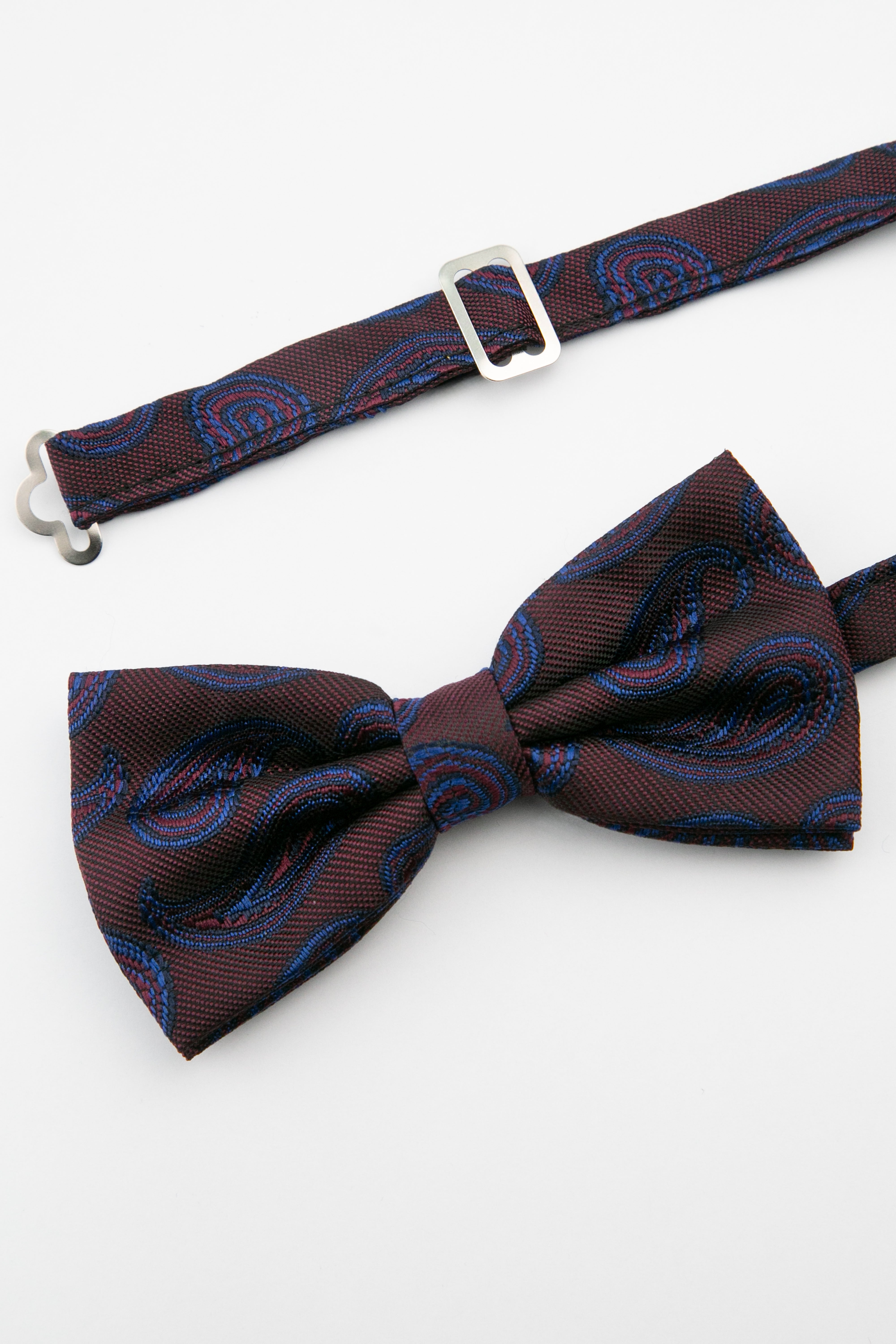 Men's Paisley Pre-Tied Dickie Bow Tie - Burgundy and Navy Detail Picture