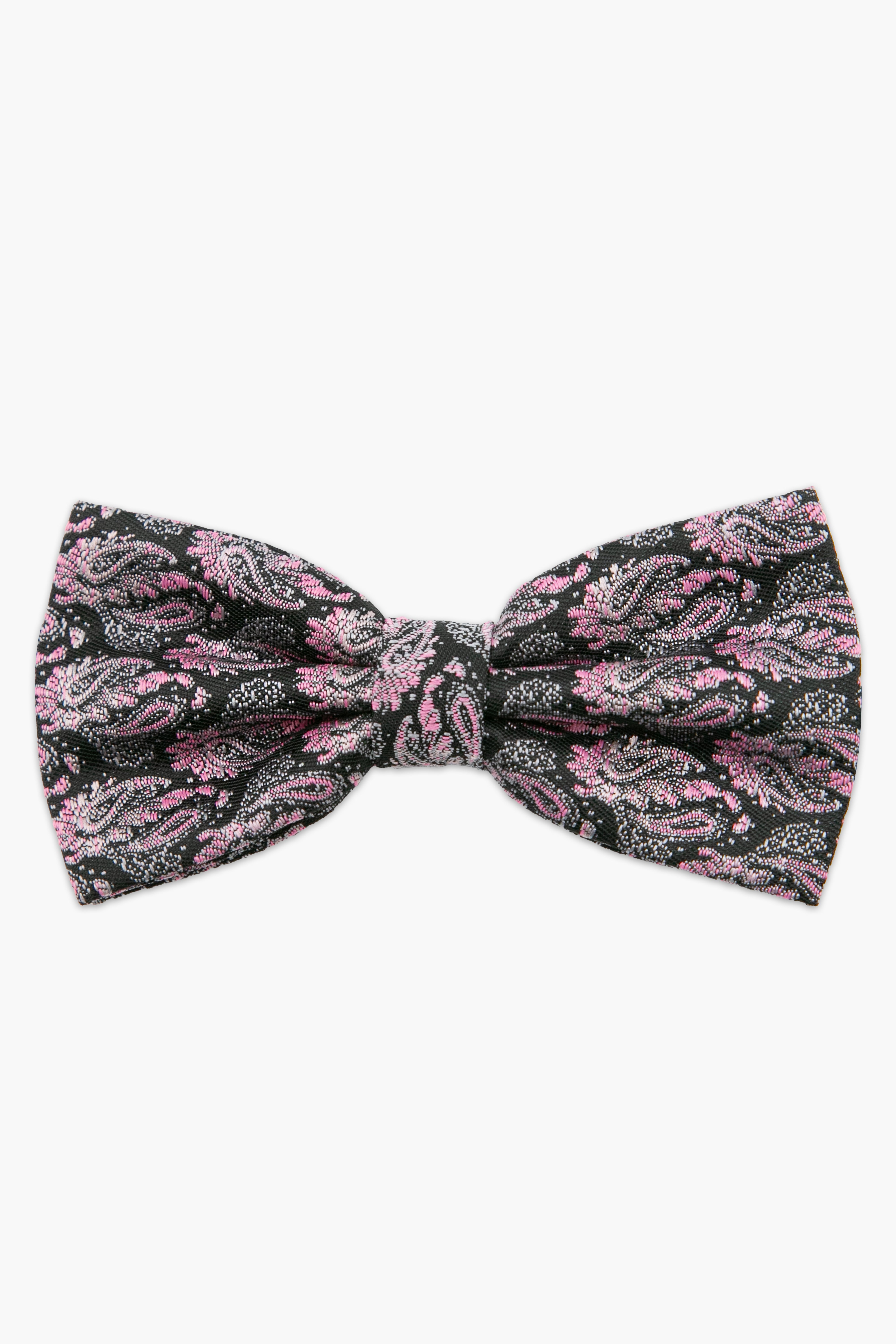 Men's Paisley Pre-Tied Dickie Bow Tie - Pink and Black Front Picture