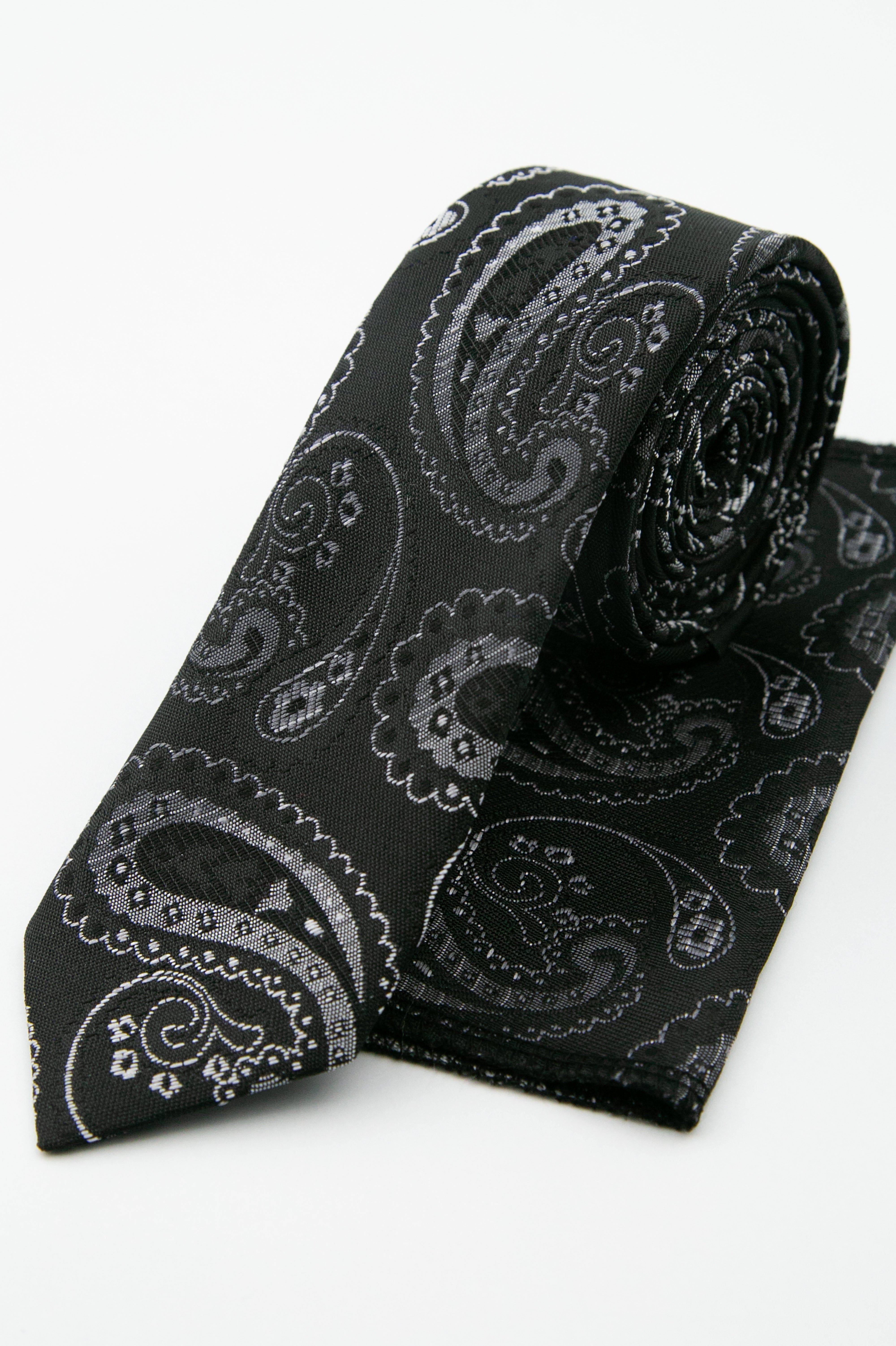 Men’s Paisley Slim Tie & Pocket Square Set - Black and Silver