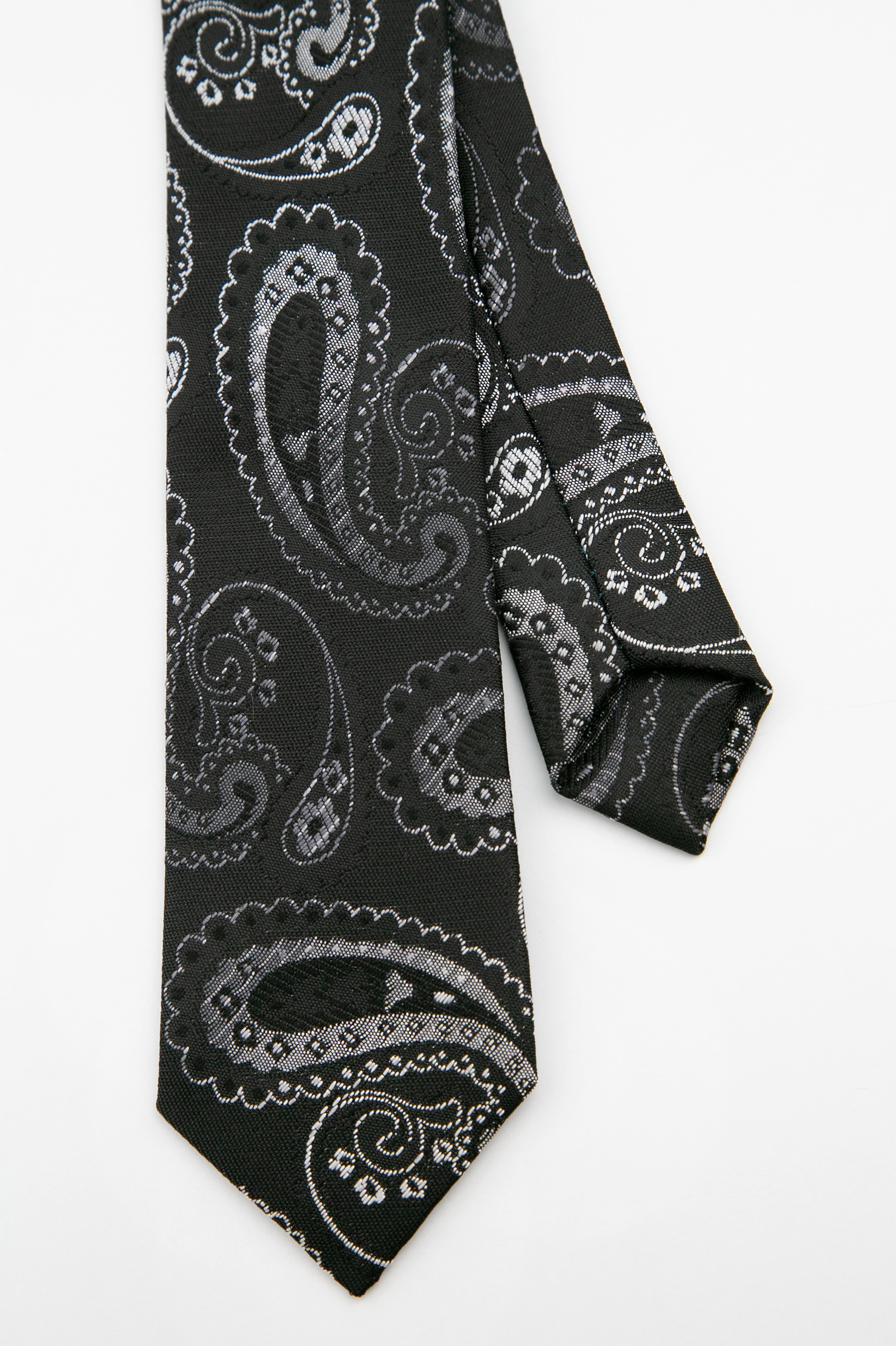 Men’s Paisley Slim Tie & Pocket Square Set - Black and Silver