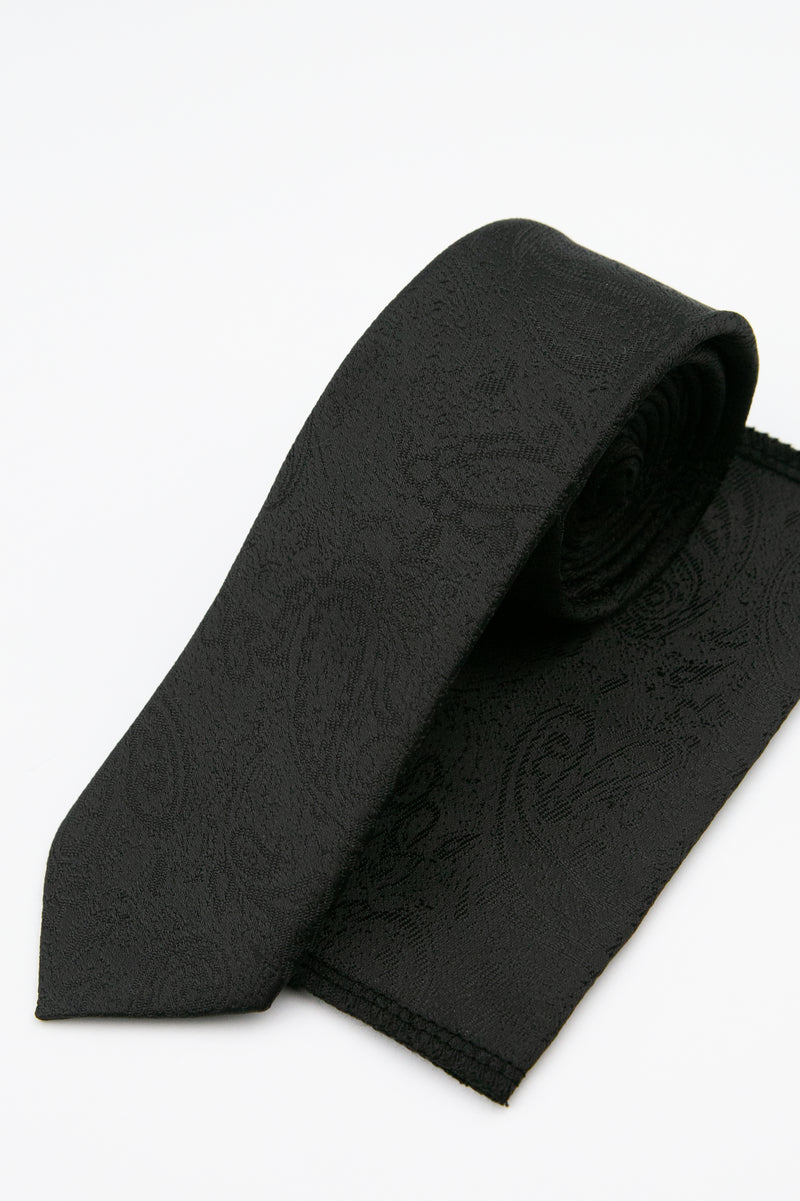 Men’s Paisley Slim Tie & Pocket Square Set in Black Set Picture
