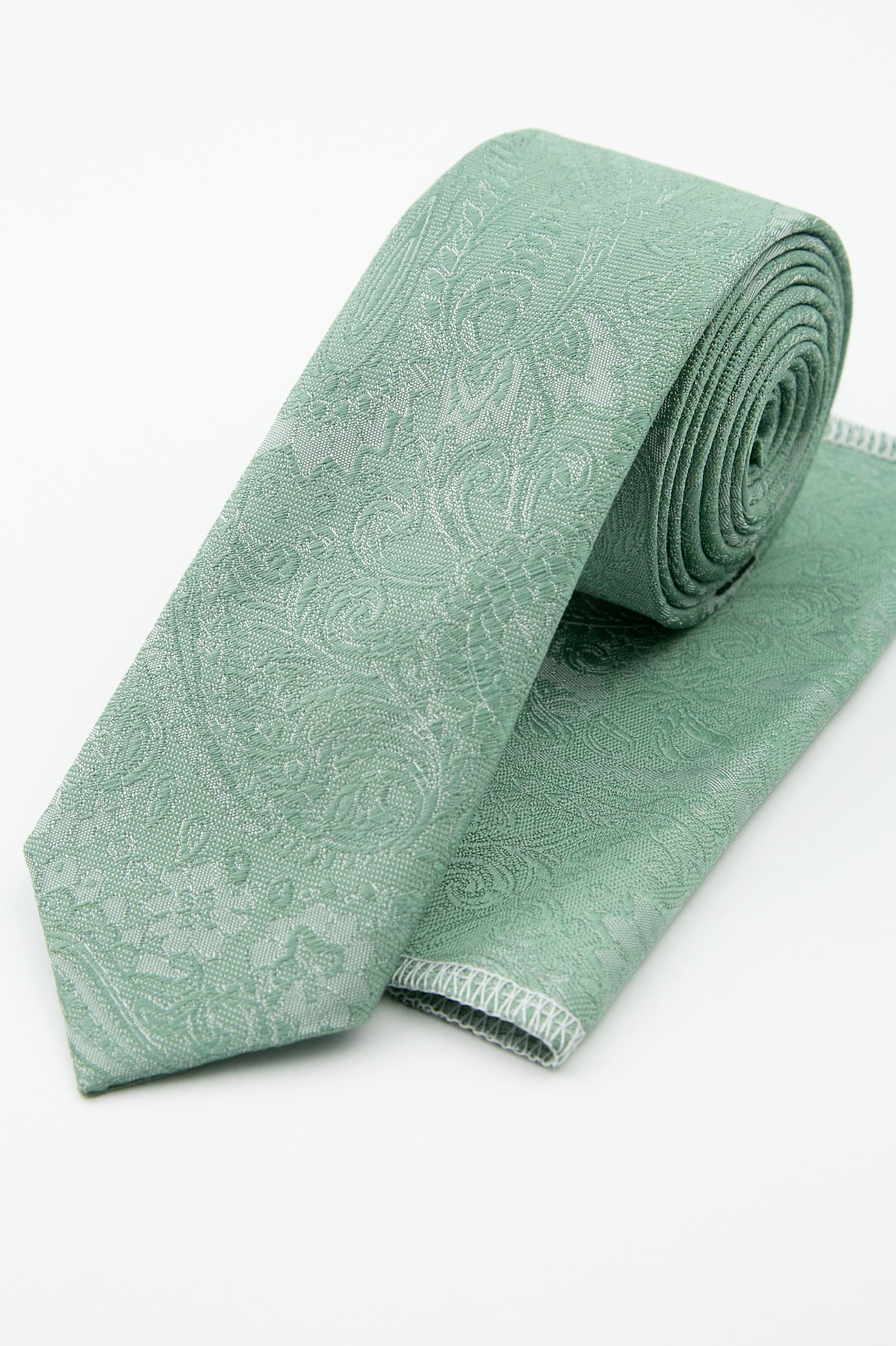 Men’s Pastel Paisley Slim Tie & Pocket Square Set - Emerald Green - Set Picture