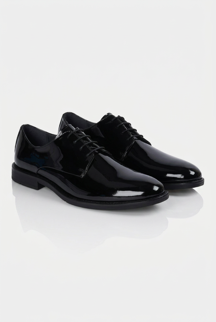 Men’s Patent Leather Derby Dress Shoes - Black Pair Side Picture
