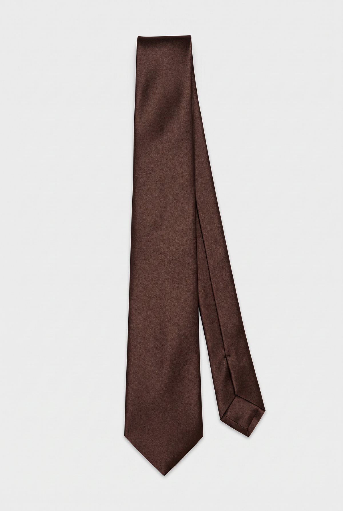 Brown satin men's necktie, full-length front view
