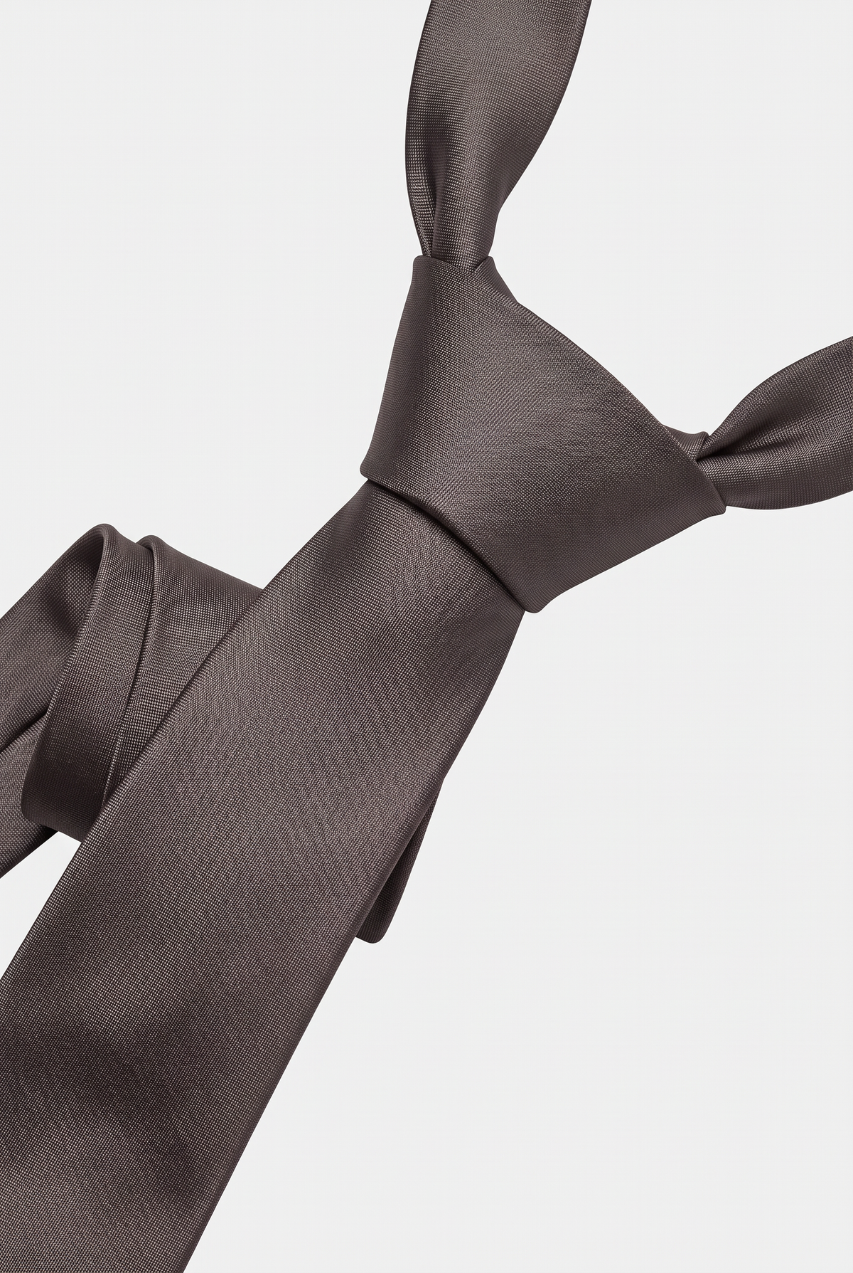 Dark Silver satin necktie showing knot and fabric texture close-up