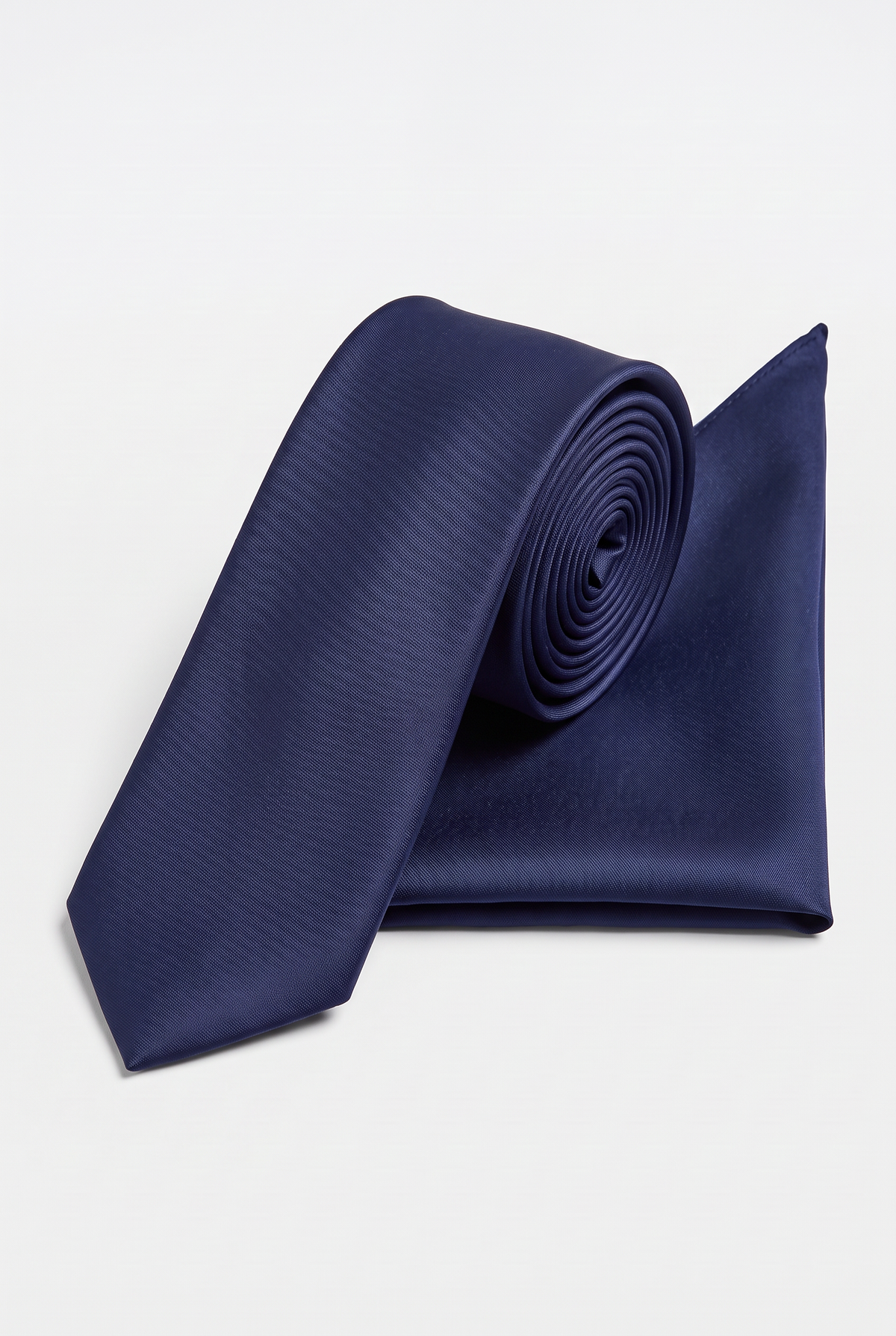 Navy satin tie and matching pocket square set