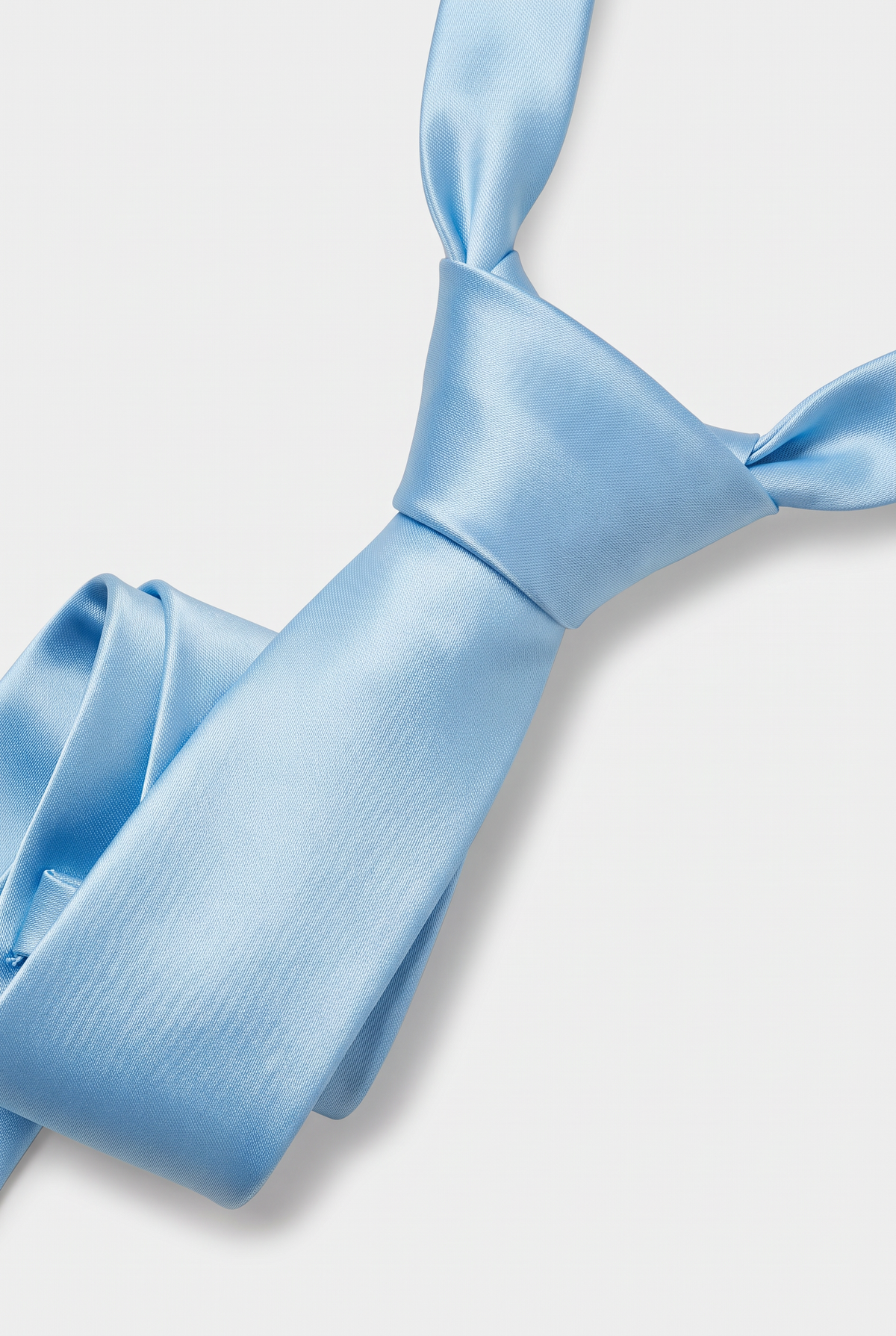 Sky Blue satin necktie showing knot and fabric texture close-up