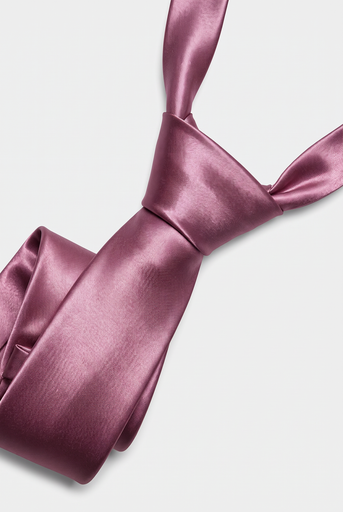 Violet satin necktie showing knot and fabric texture close-up
