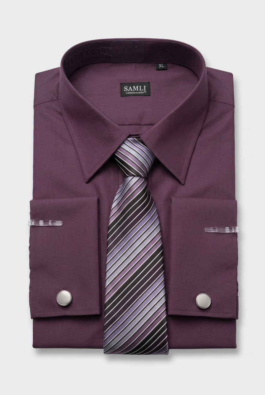 Men’s Plum Formal Shirt Set with Striped Tie and Cufflinks