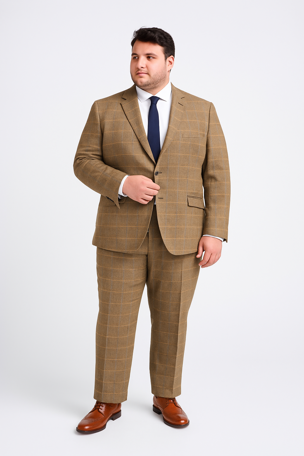 Men’s Plus Size Brown Herringbone Check Tweed 3-Piece Suit