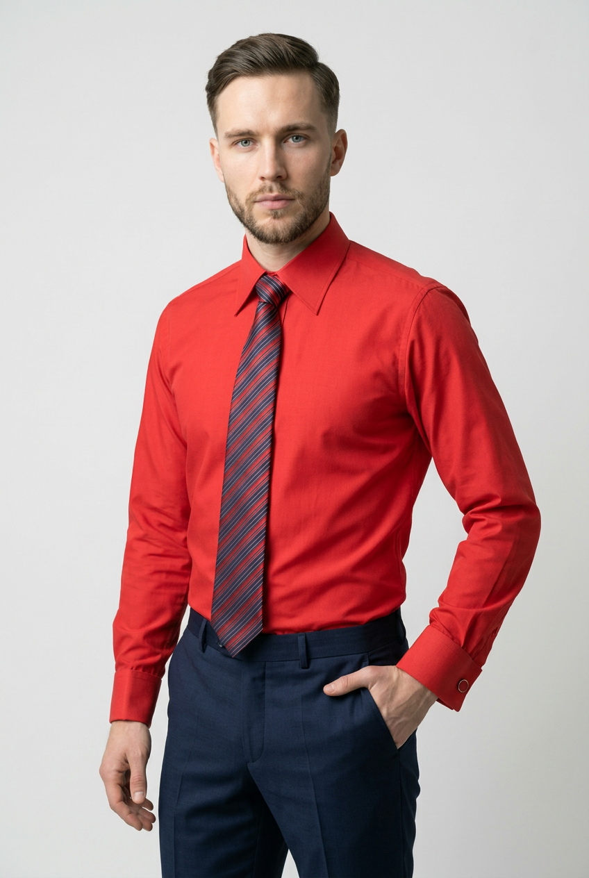 Men’s Red Formal Shirt Set with Striped Tie and Cufflinks