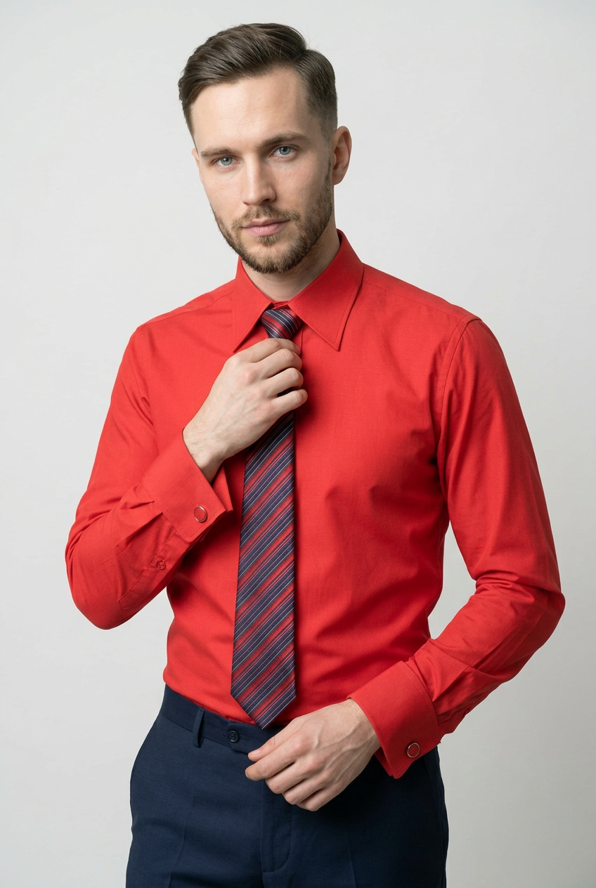 Men’s Red Formal Shirt Set with Striped Tie and Cufflinks