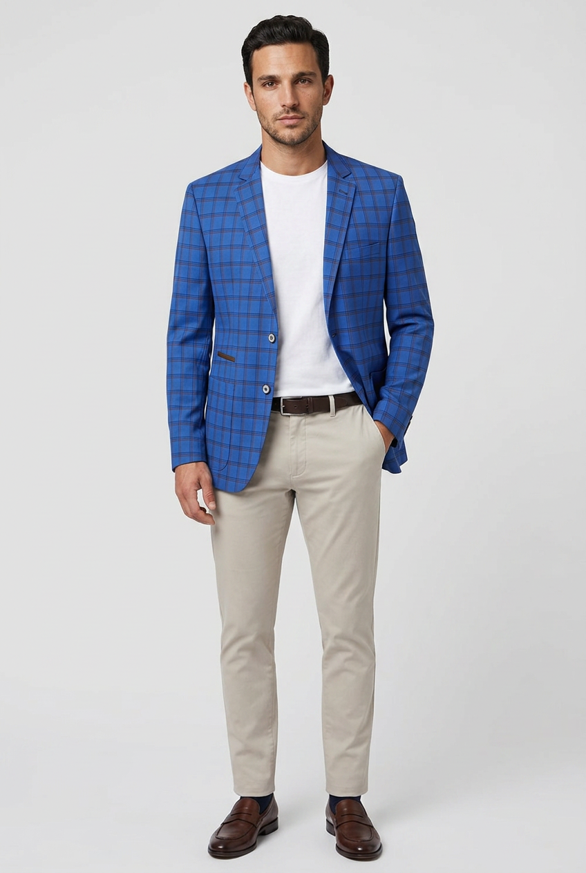 Men's Royal Blue Windowpane Check Slim Fit Blazer Jacket