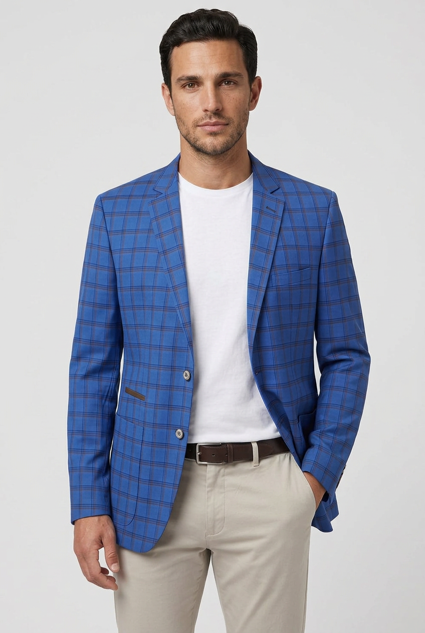 Men's Royal Blue Windowpane Check Slim Fit Blazer Jacket