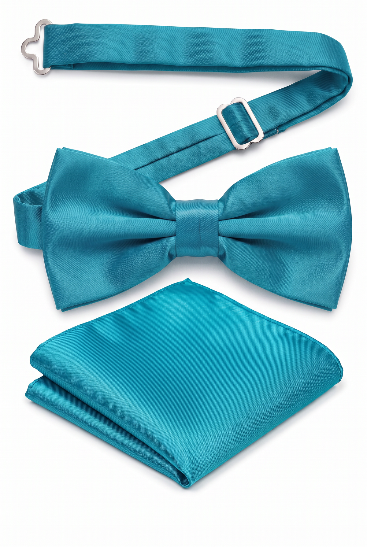 Men’s aqua satin pre-tied bow tie with adjustable neck strap and matching pocket square