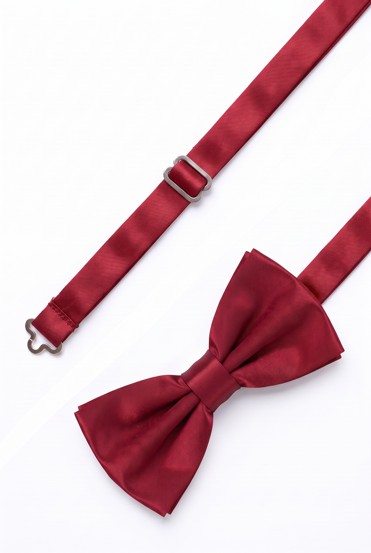 Adjustable Burgundy satin bow tie for men with metal hook fastening