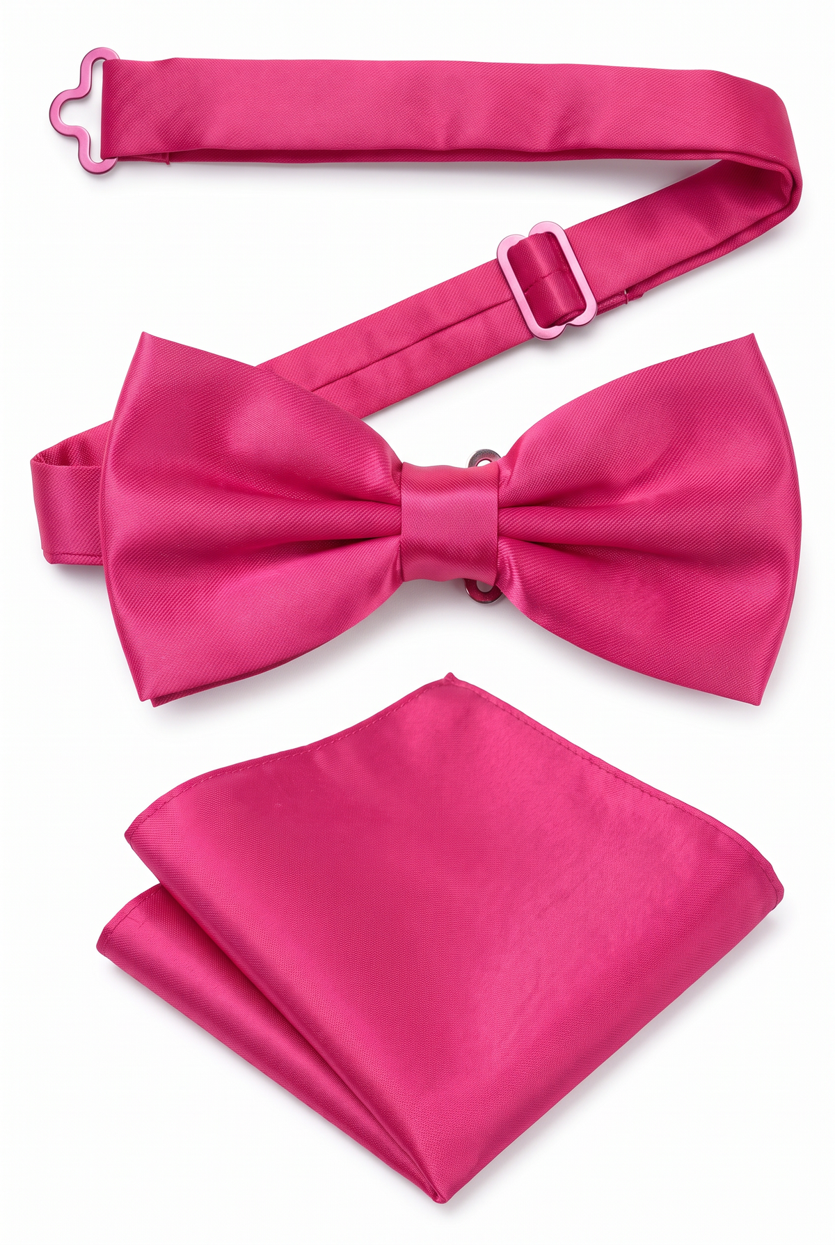 Men’s fuchsia satin pre-tied bow tie with adjustable neck strap and matching pocket square
