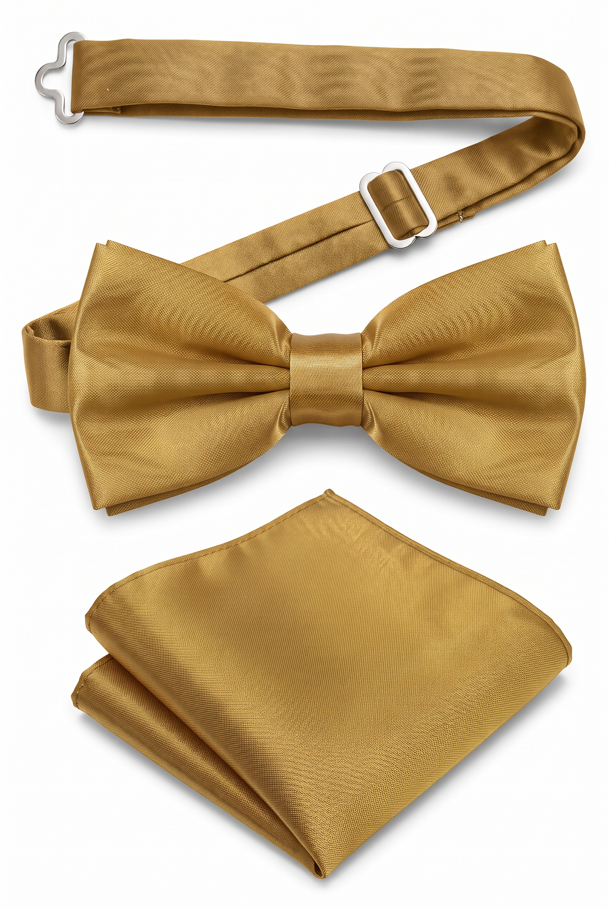 Men’s gold satin pre-tied bow tie with adjustable neck strap and matching pocket square