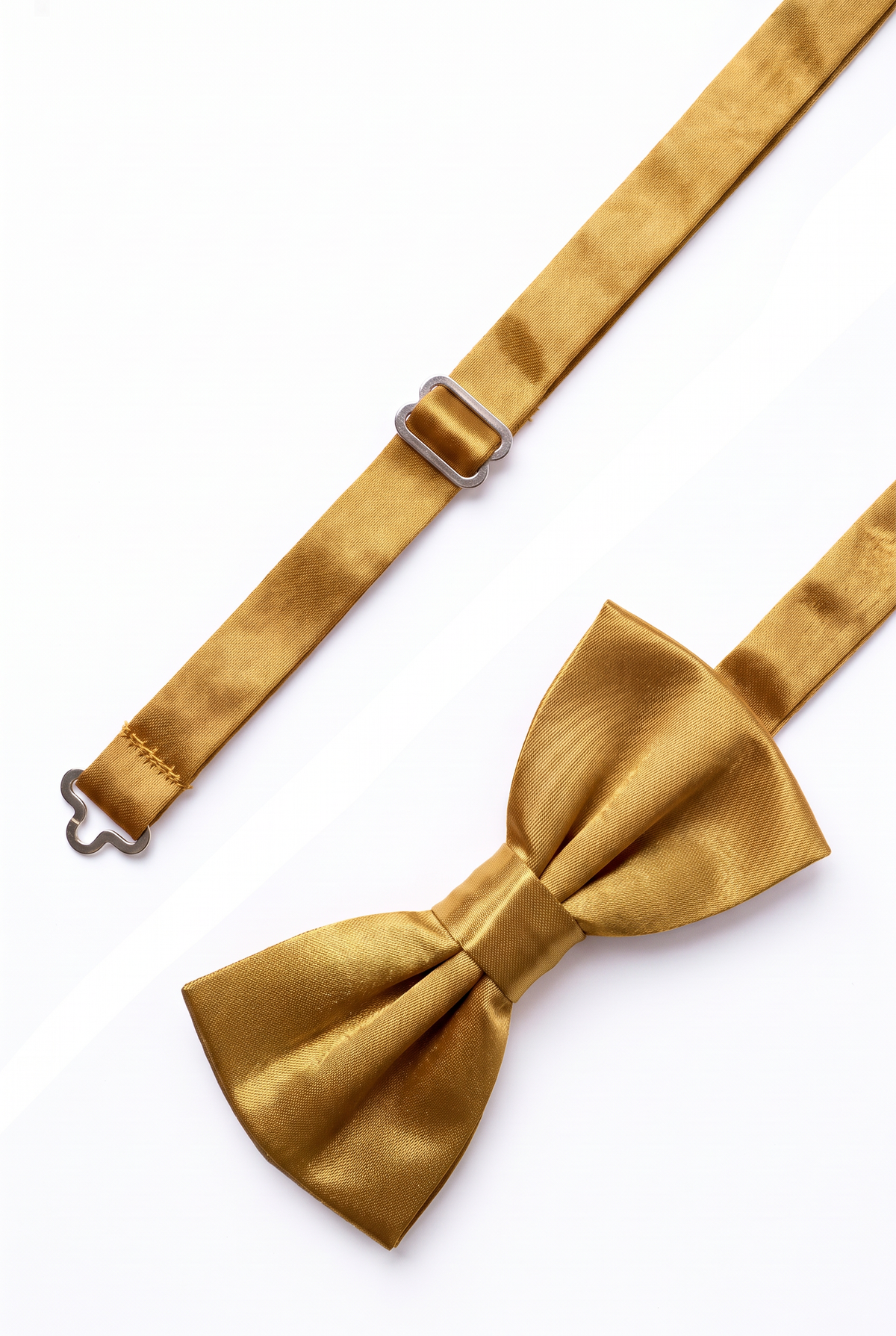 Adjustable gold satin bow tie for men with metal hook fastening