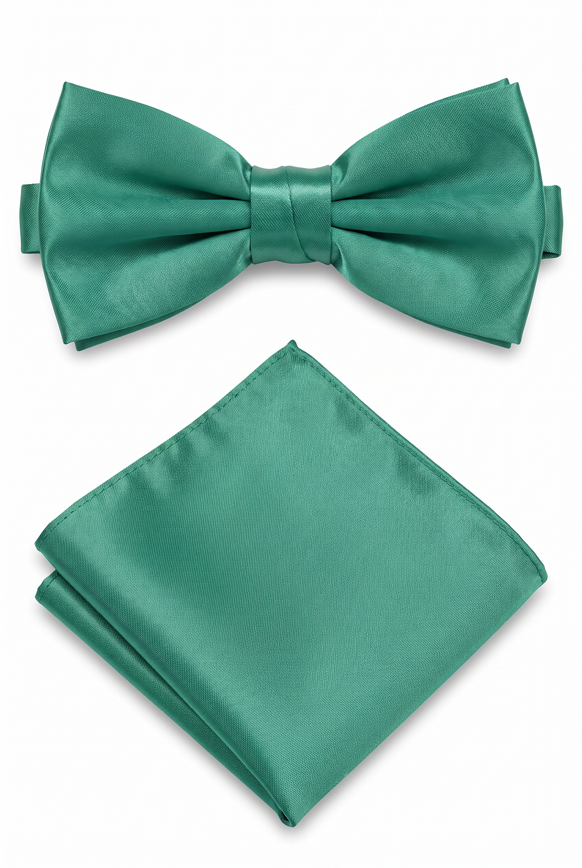 Green men’s bow tie and matching pocket square set for formal wear