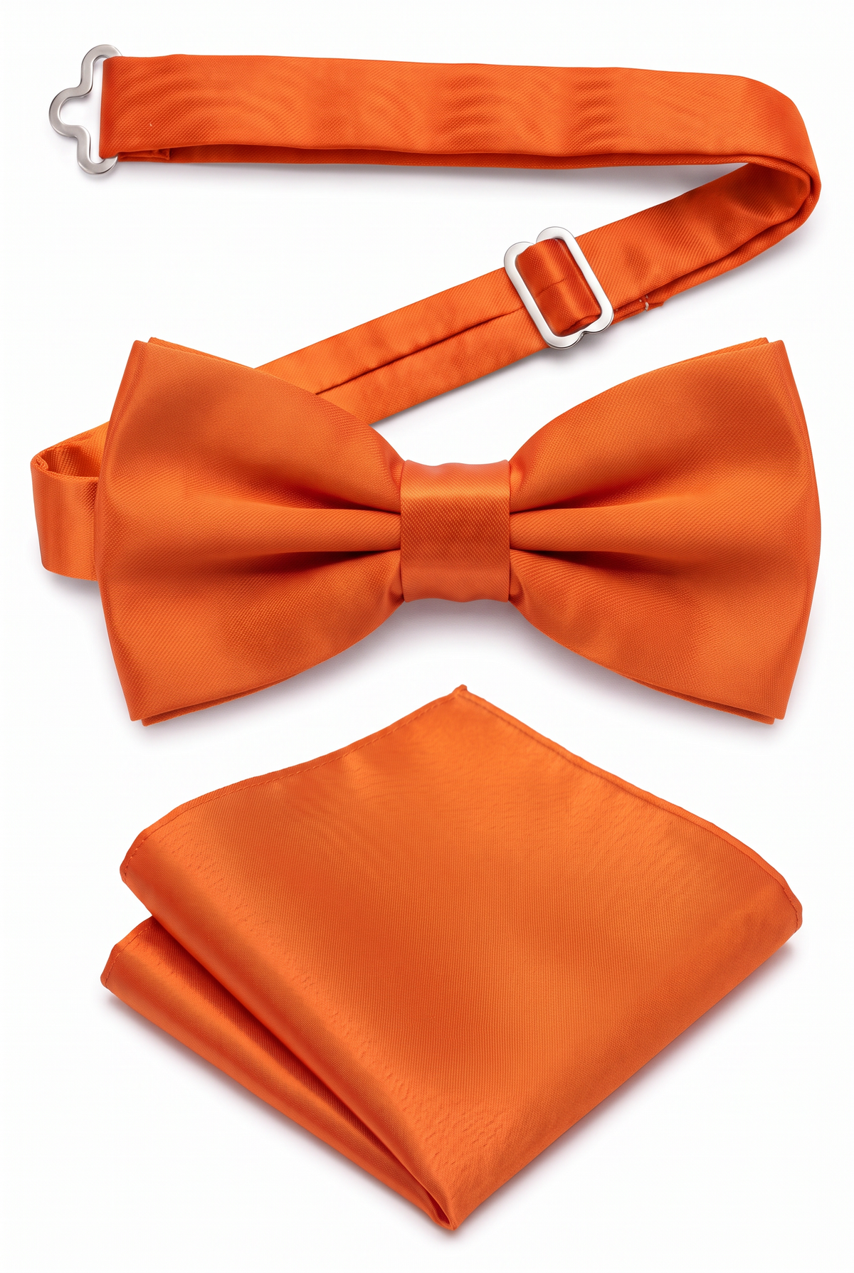 Men’s Orange satin pre-tied bow tie with adjustable neck strap and matching pocket square