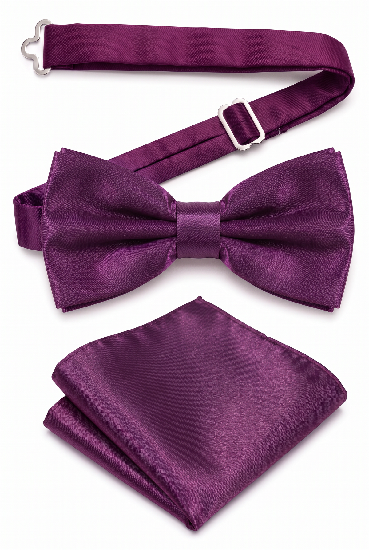 Men’s purple satin pre-tied bow tie with adjustable neck strap and matching pocket square